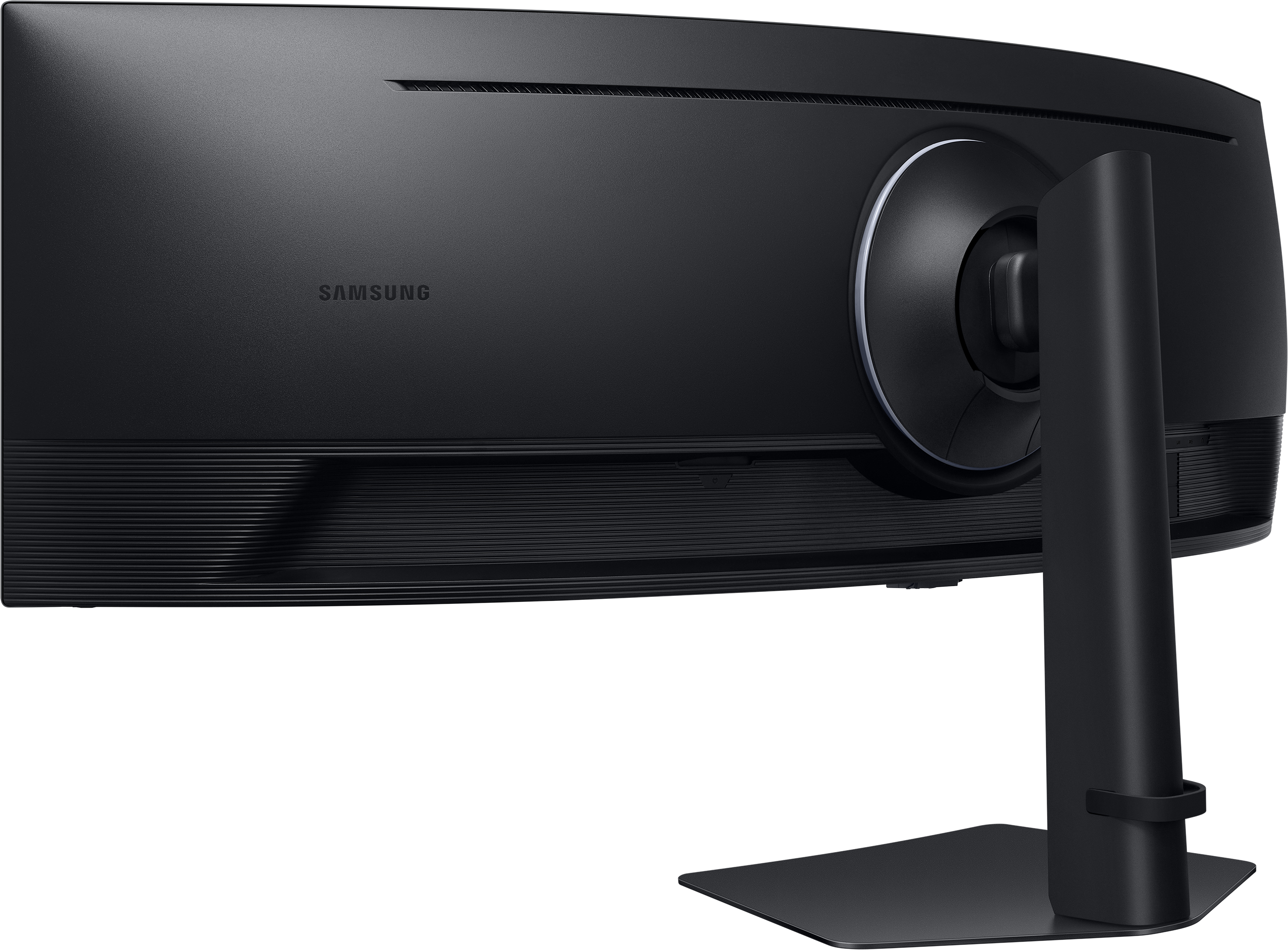 Vista posteriore di una base per monitor nera curva, con il logo Samsung.