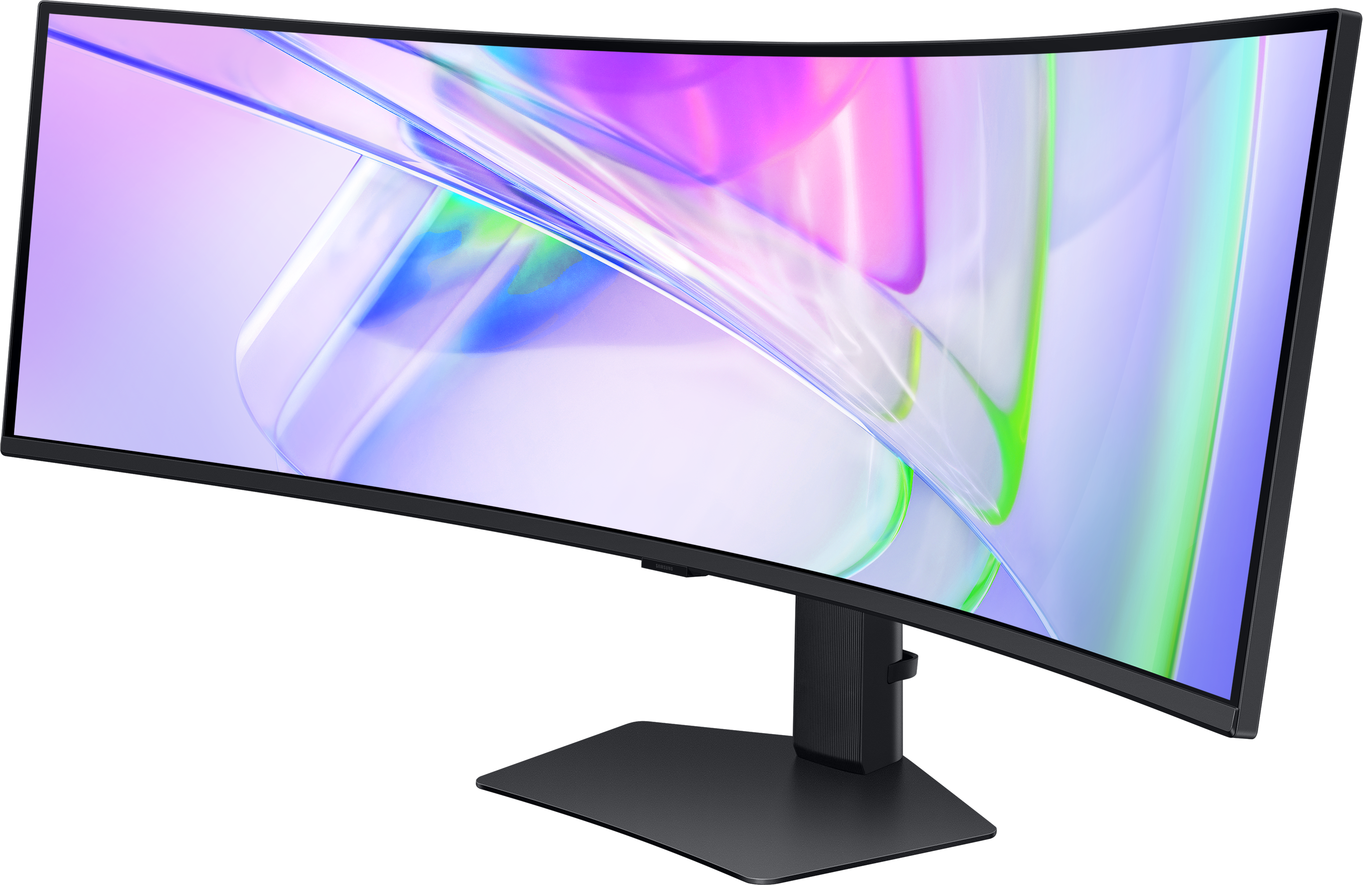 Monitor nero curvo. Mostra uno sfondo astratto colorato.