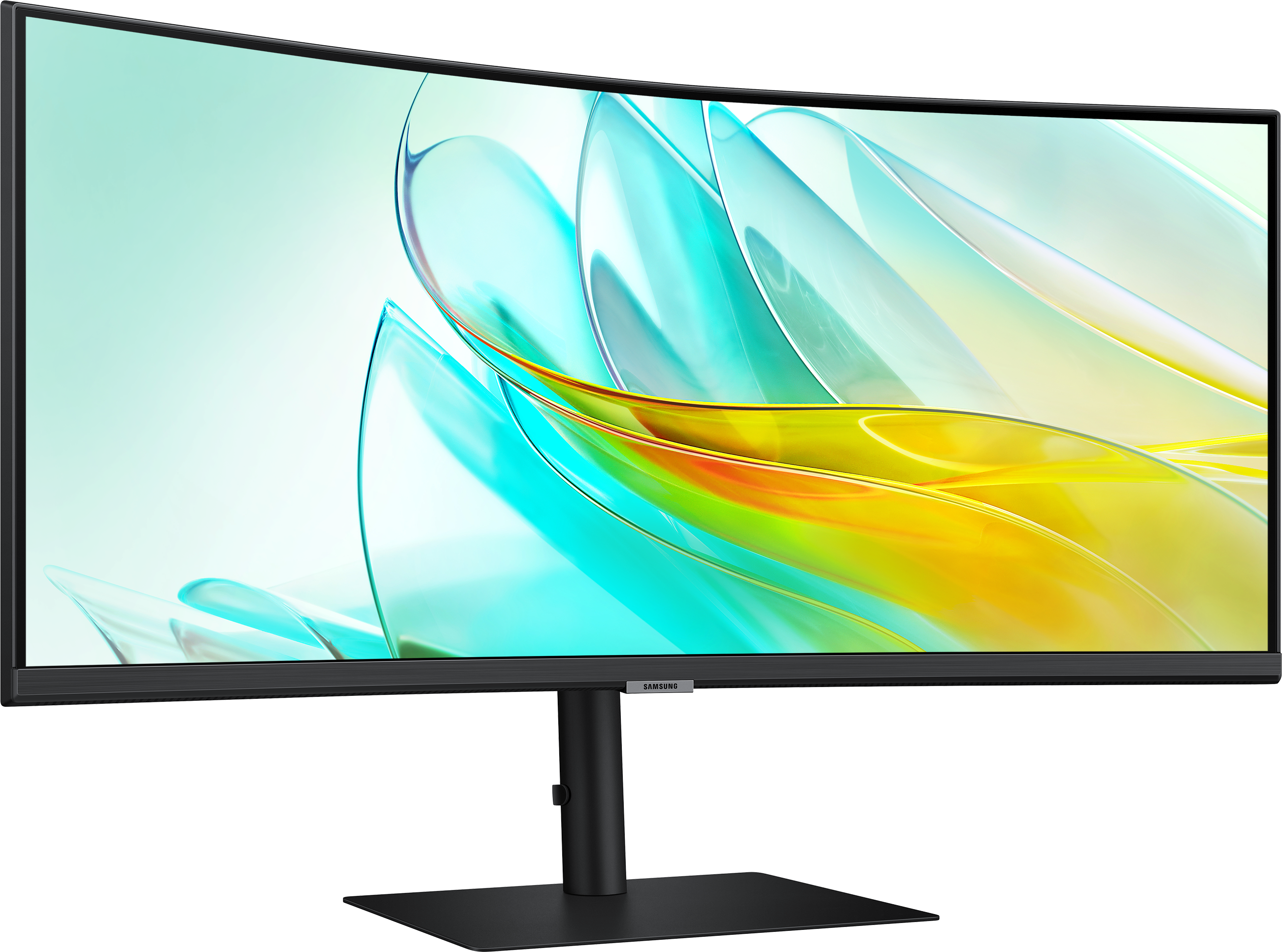Moniteur d'ordinateur incurvé avec un fond abstrait coloré sur un pied noir.