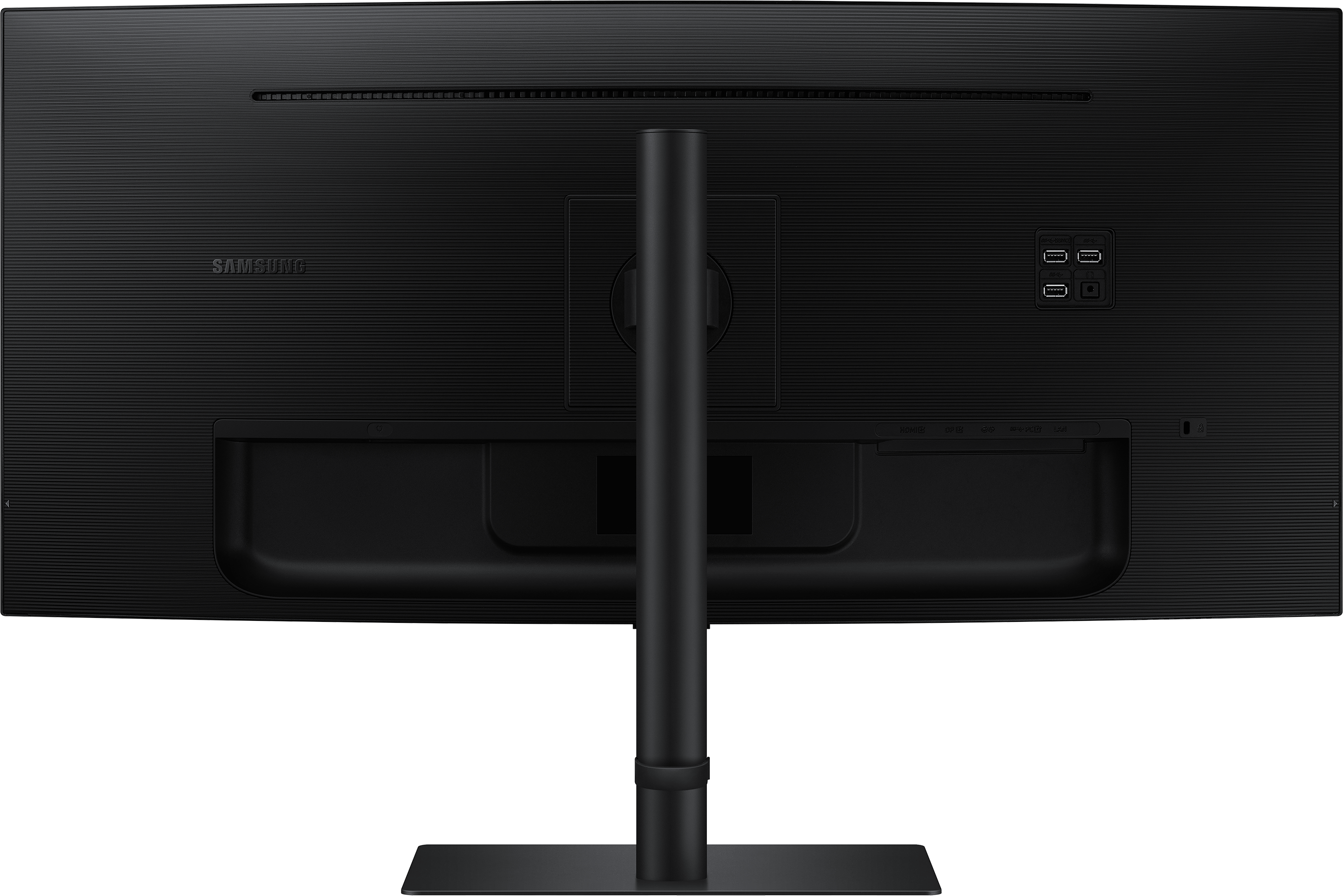 Vue arrière d'un moniteur noir. Il possède des ports, un support et le logo Samsung.