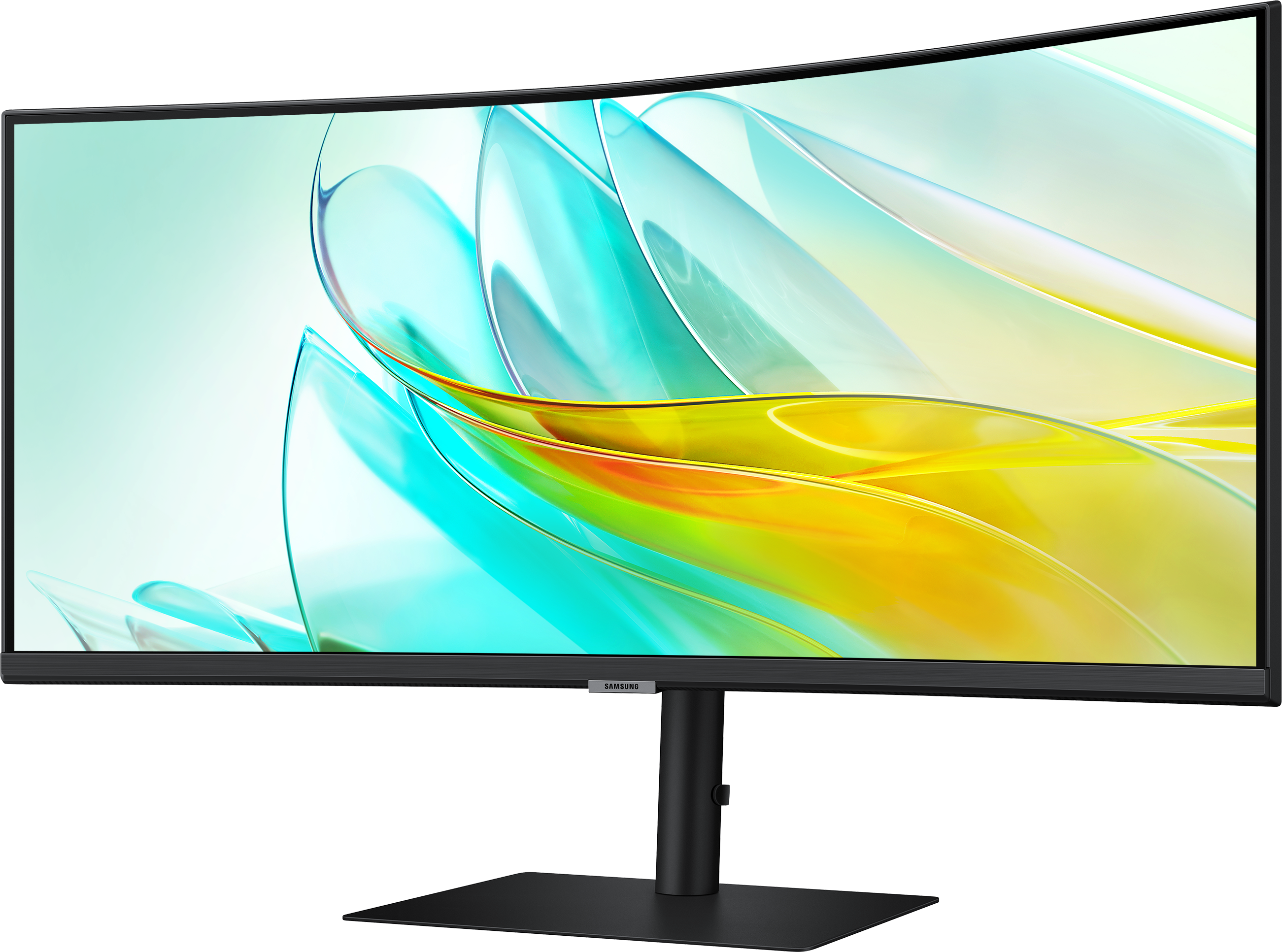 Moniteur incurvé avec un fond abstrait coloré et un pied noir.