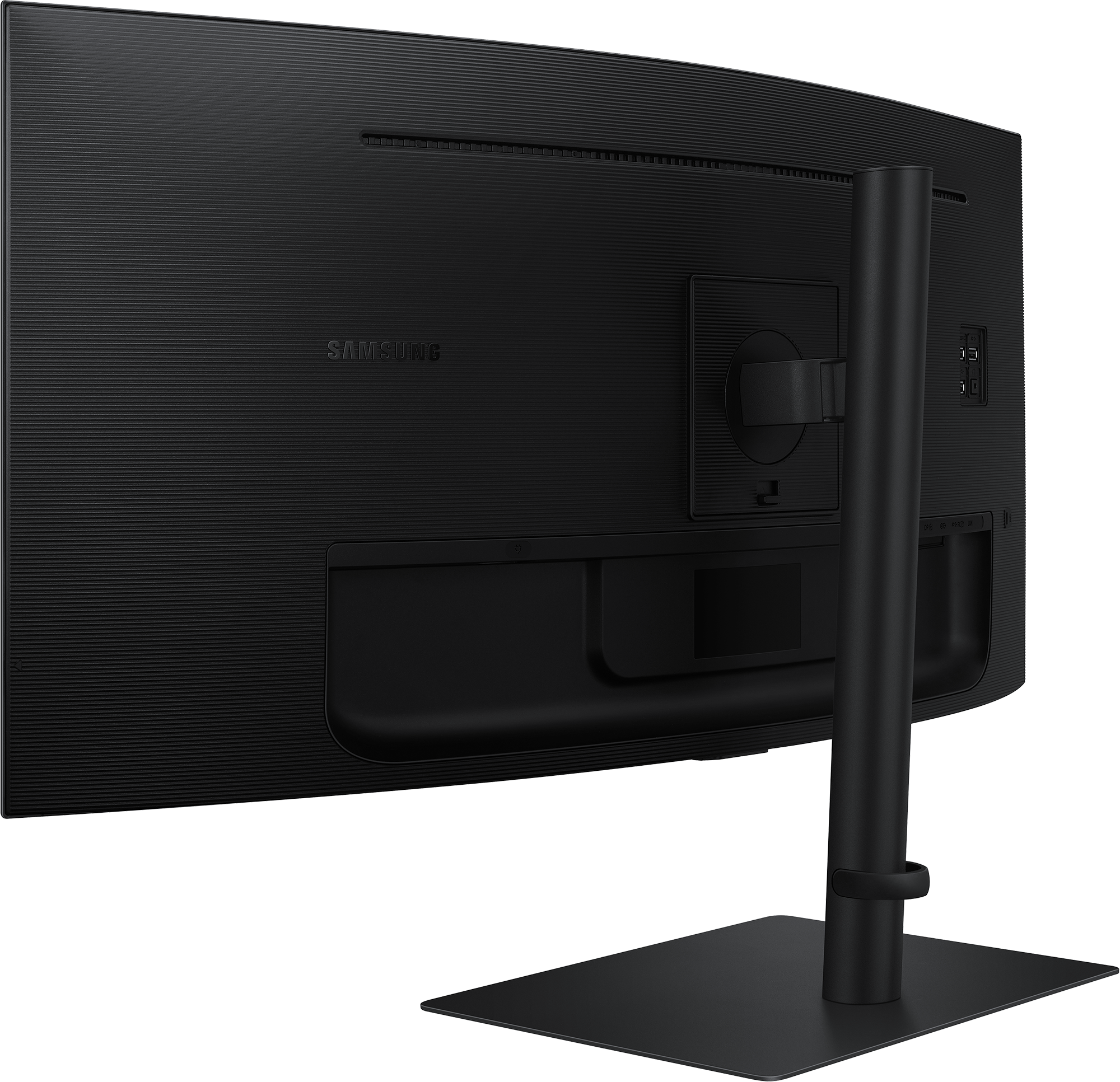 Vue arrière d'un moniteur d'ordinateur noir incurvé avec support et logo Samsung.