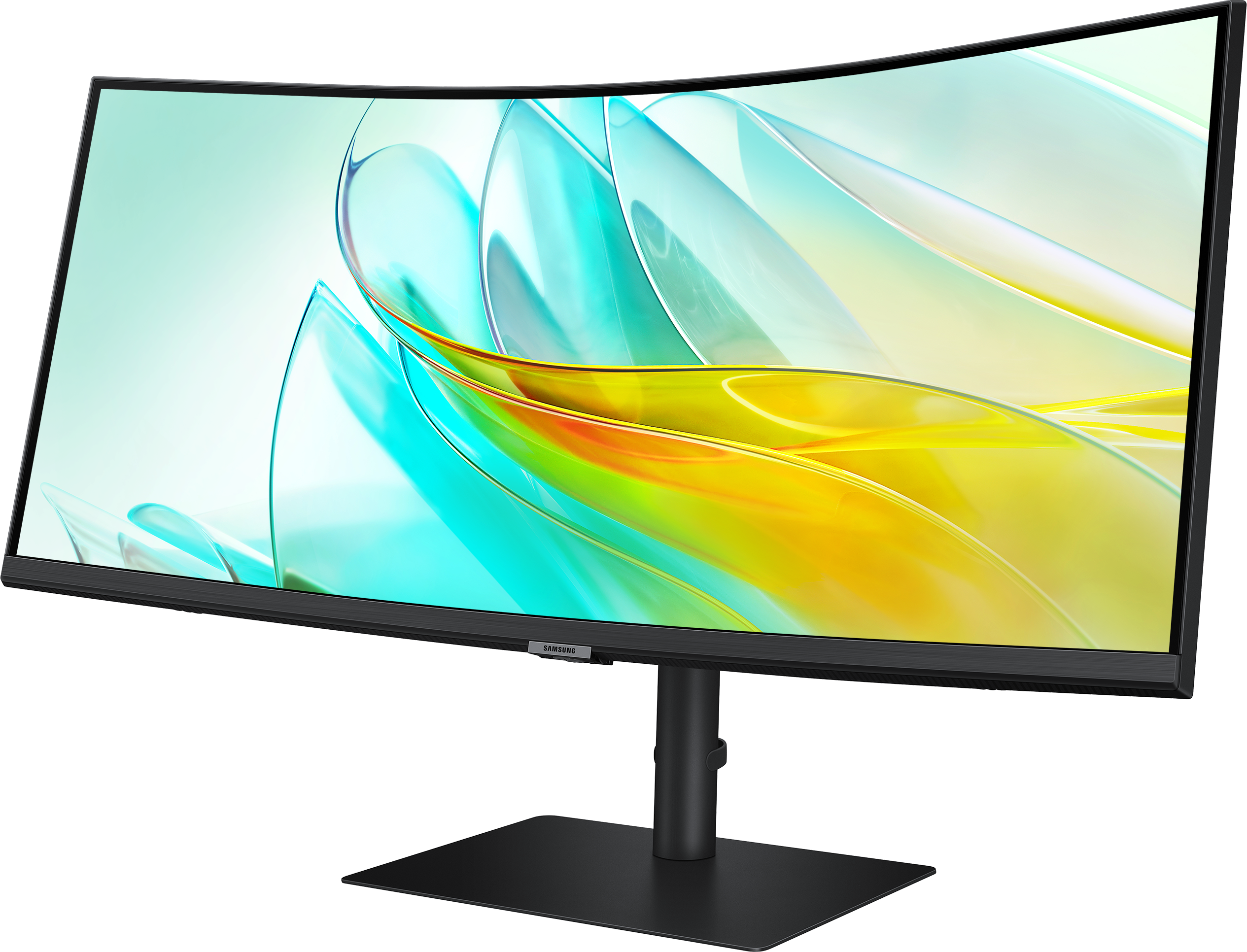 Moniteur incurvé avec un fin cadre noir. L'écran affiche des formes colorées abstraites sur fond noir.