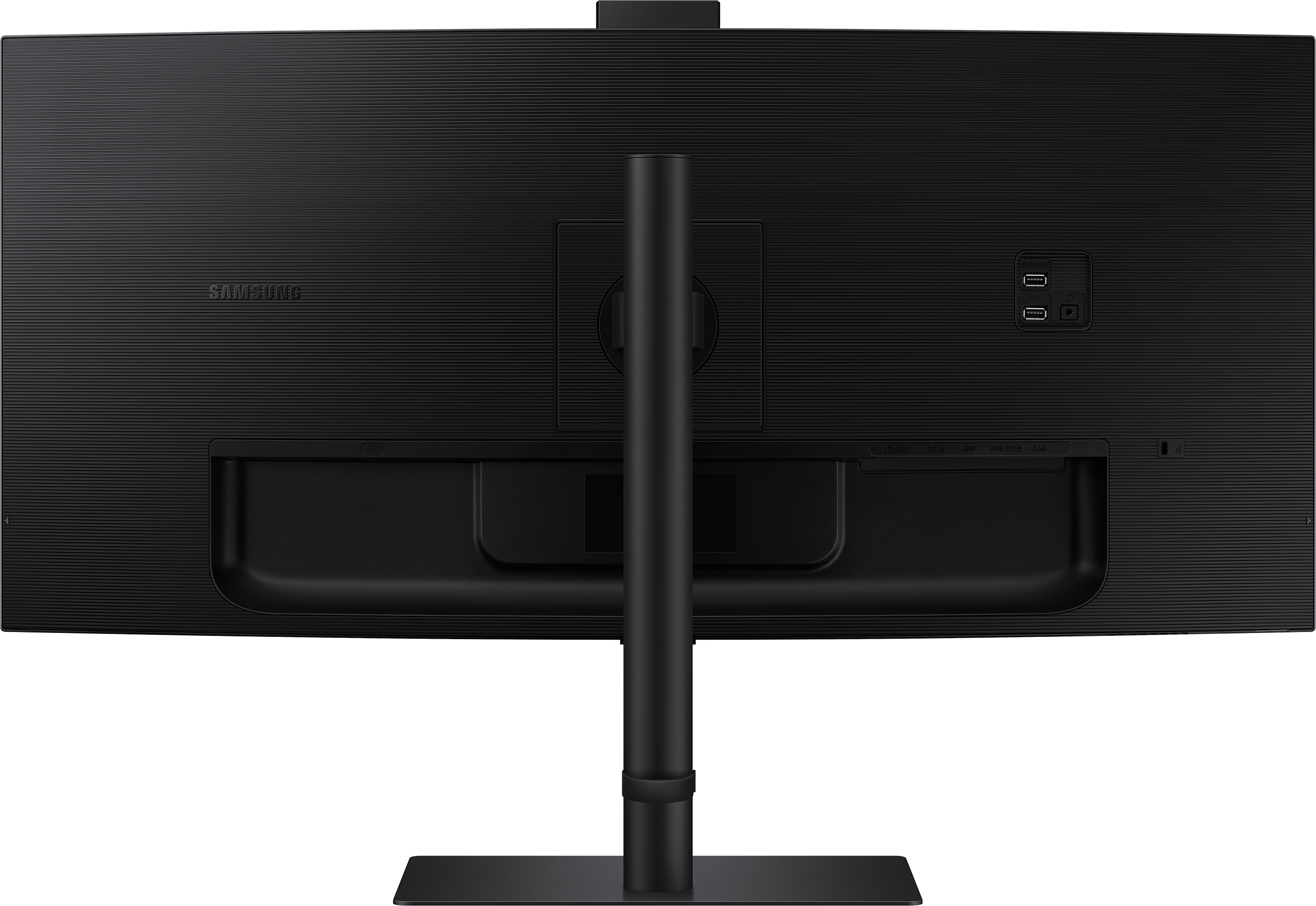 L'arrière d'un moniteur noir avec un support. Il possède des ports et le logo Samsung.