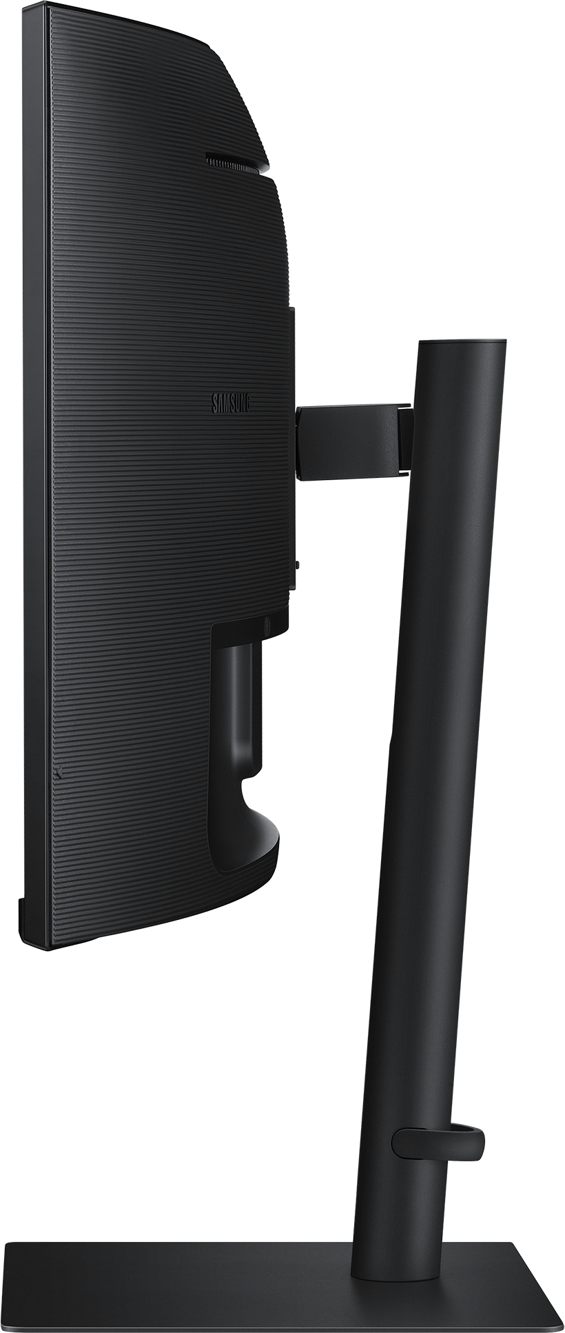 Un moniteur noir de côté, montrant son support et le panneau arrière avec le logo Samsung.