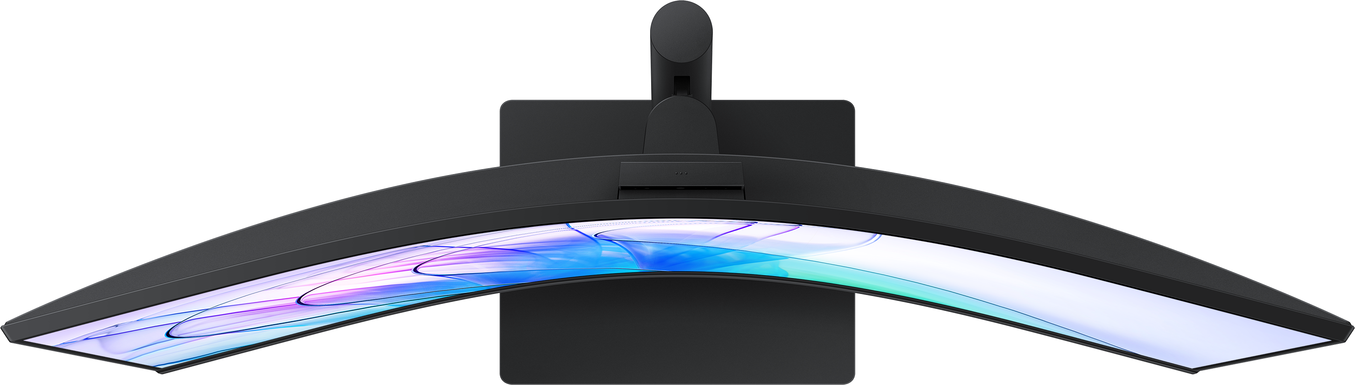 Vue de dessus d'un moniteur de jeu incurvé, noir, avec un écran incurvé et un support.