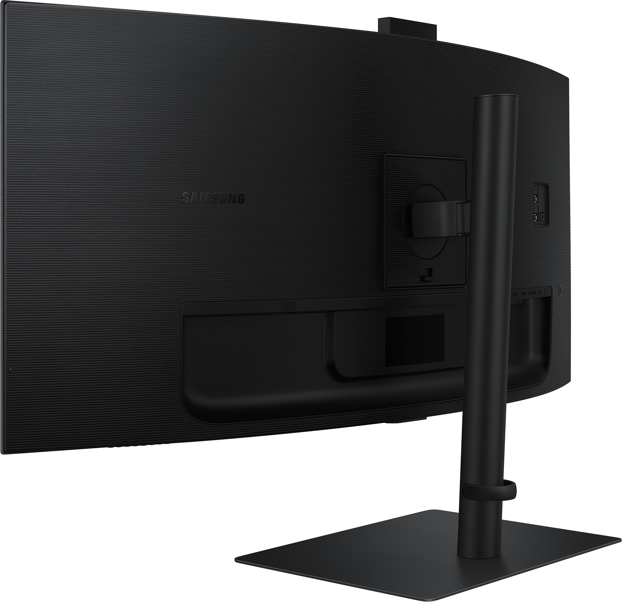 Dos du moniteur Samsung noir. Le design comprend un support et divers ports, dont l'alimentation et HDMI.