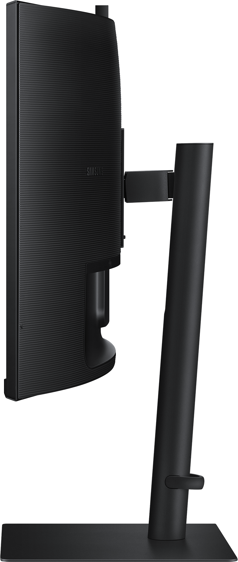 Une vue latérale d'un moniteur d'ordinateur noir sur un support. Le logo Samsung est visible.