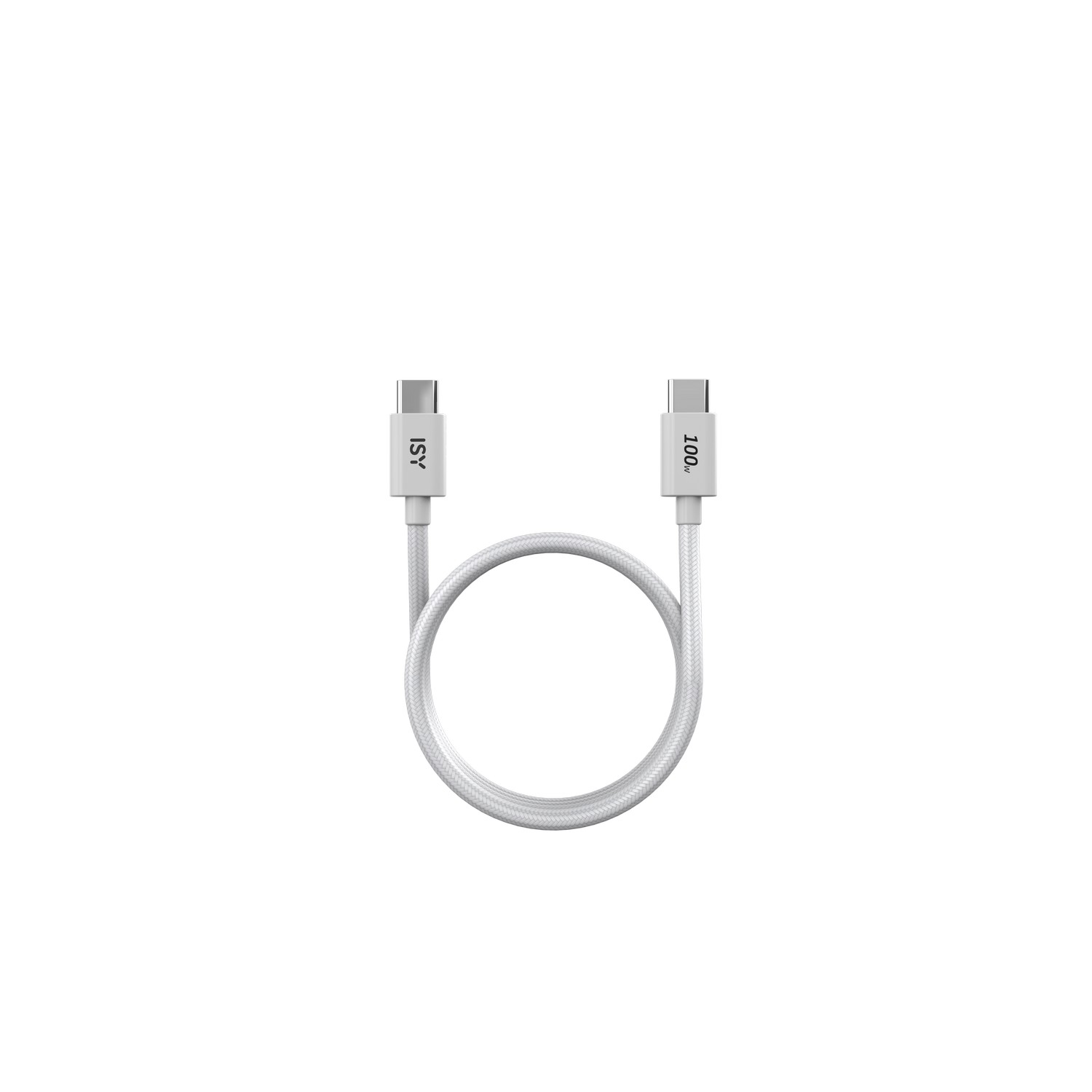 Câble blanc avec connecteurs USB-C aux deux extrémités, isolé sur fond blanc.