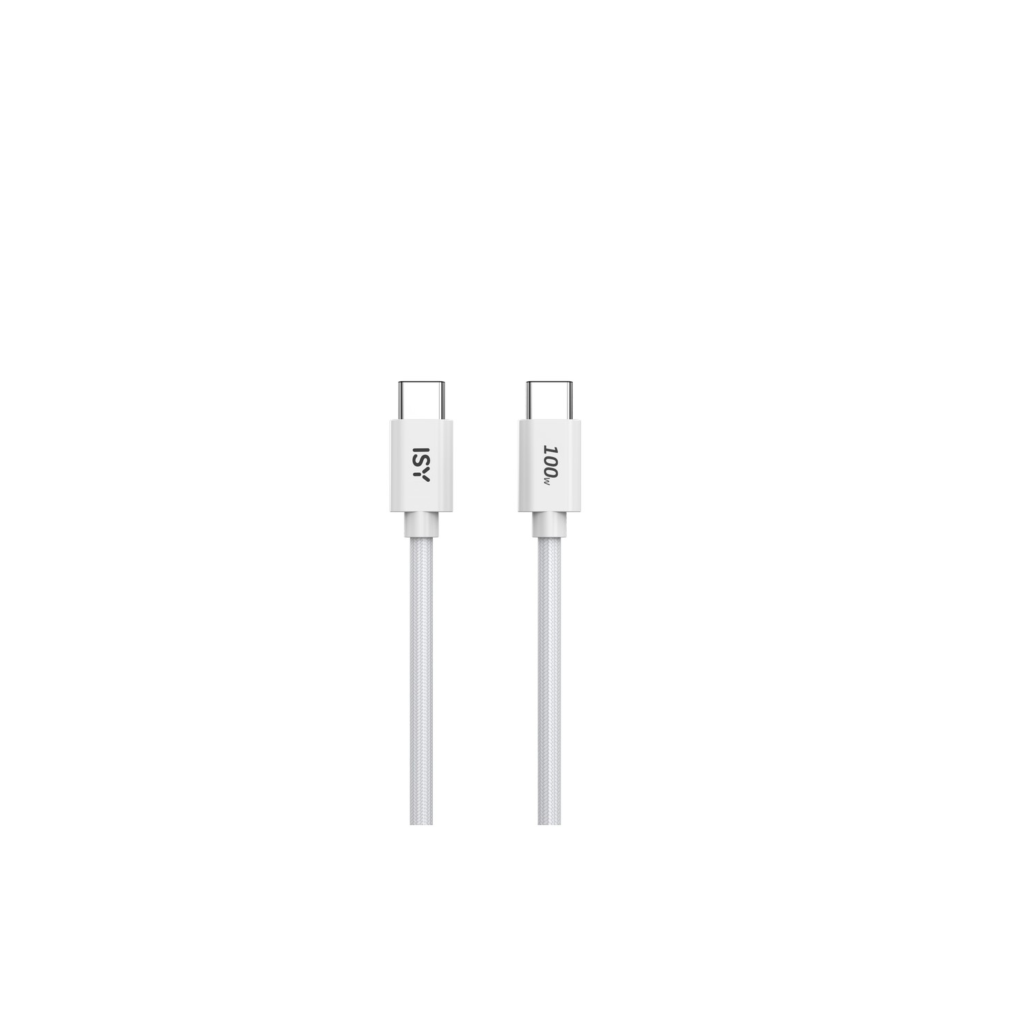 Deux câbles USB-C blancs avec connecteurs. Le texte 'ISY' et '100W' est imprimé sur les câbles.