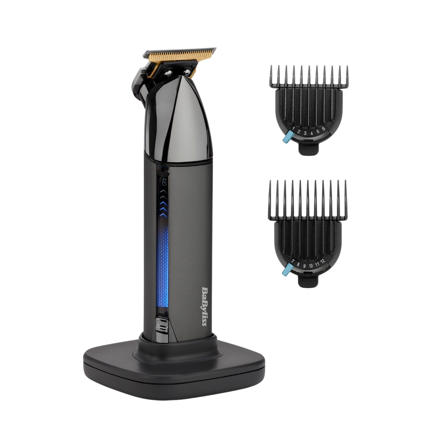 Babyliss hair clipper on its base, with two trimming guides, black and gray.
