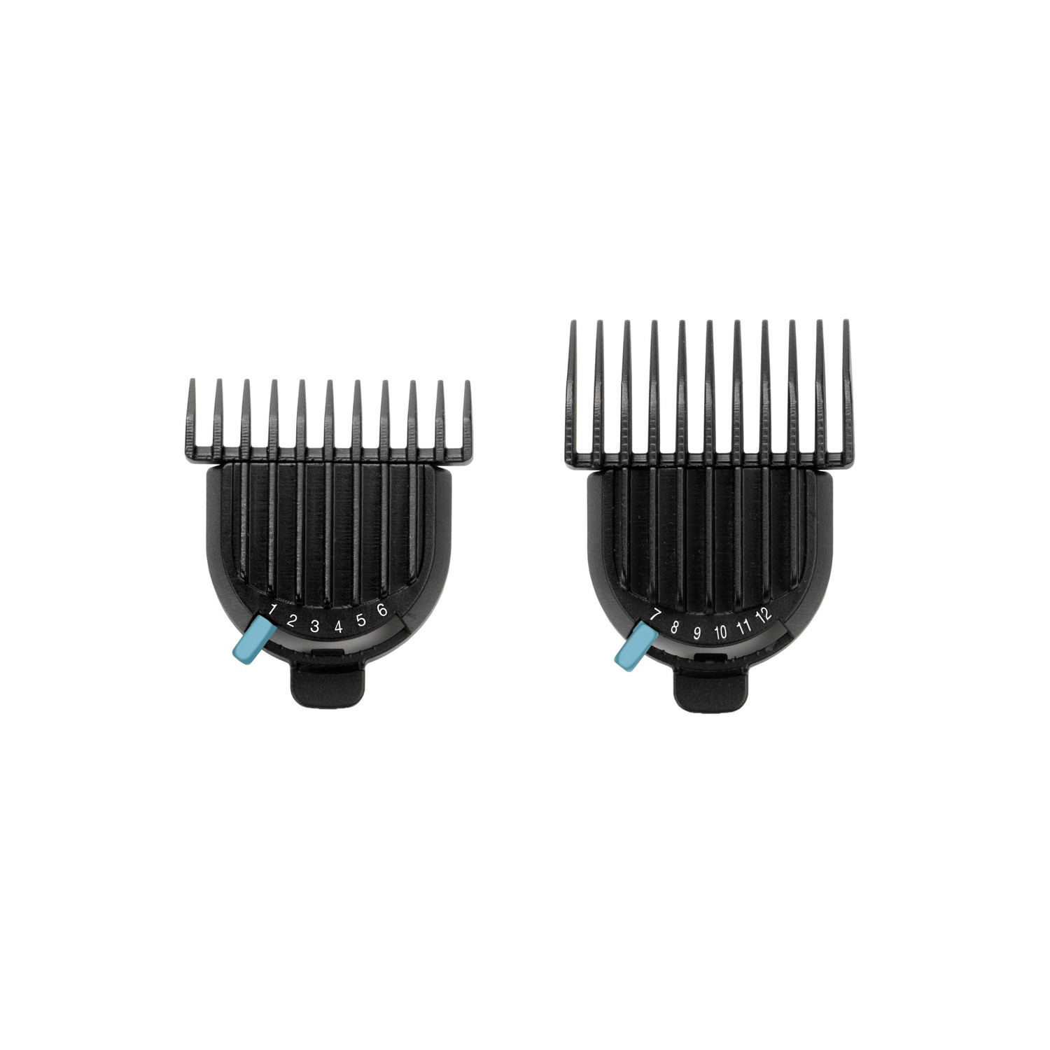 Two black hair clipper guards with numbered settings.