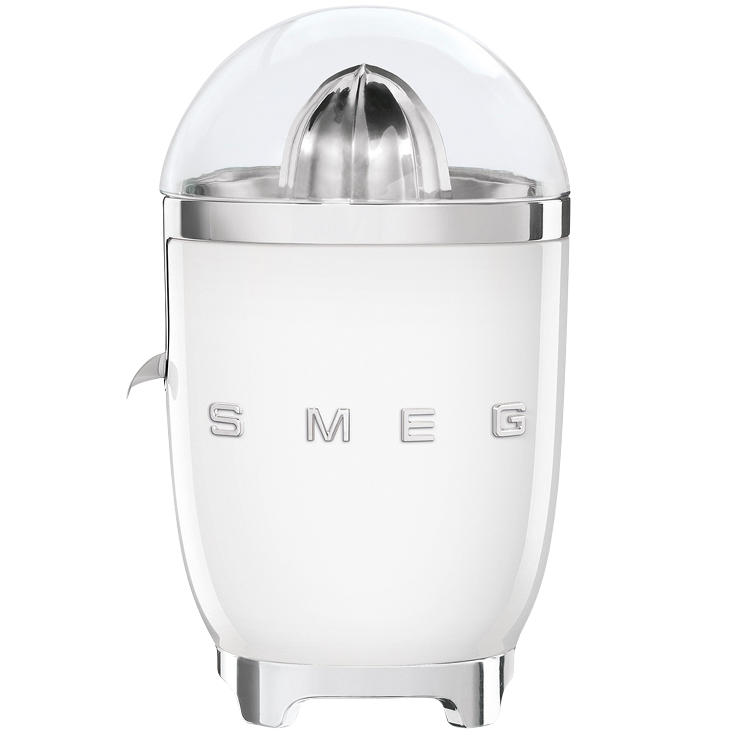 White SMEG citrus juicer. It has a clear dome, metal reamer, and a white base.