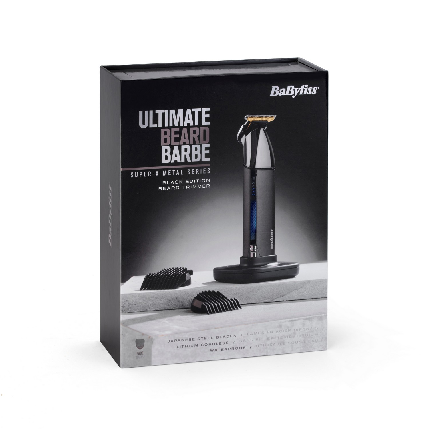 Boxed beard trimmer. Black box with text, trimmer image, and trimmer accessories.
