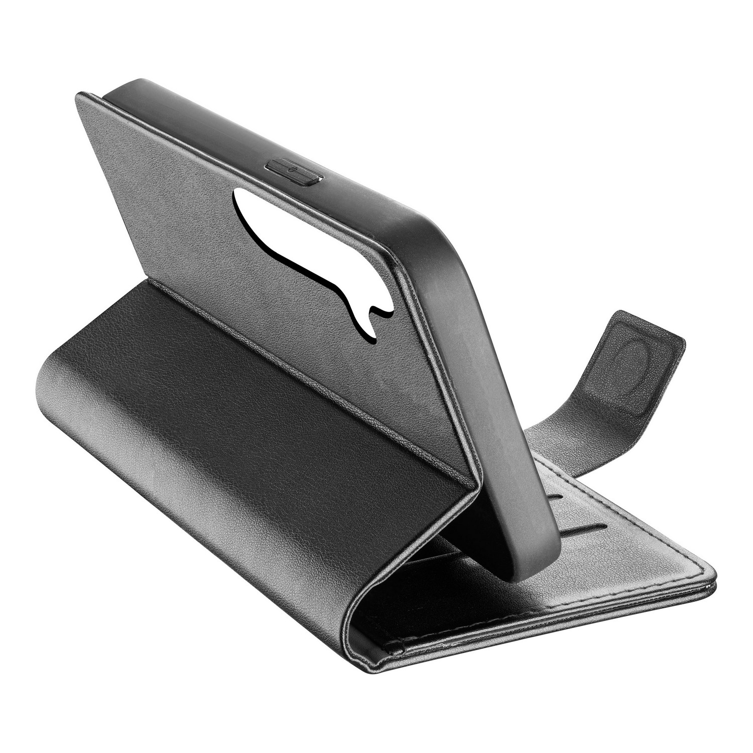 Black phone case, open, showing the inside and a phone holder.