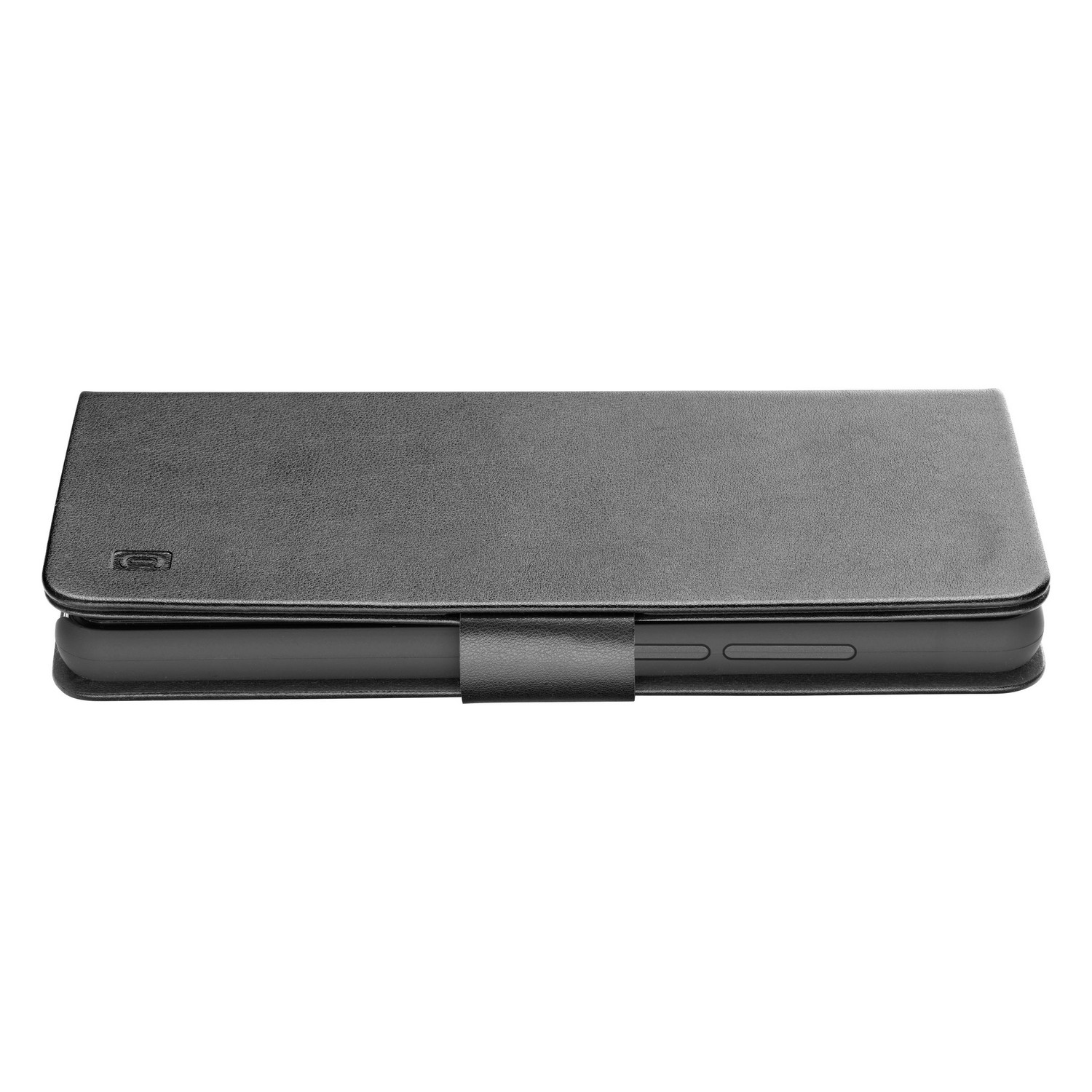 Black phone case closed. It has a flap, a magnetic clasp, and a small cutout for the camera.