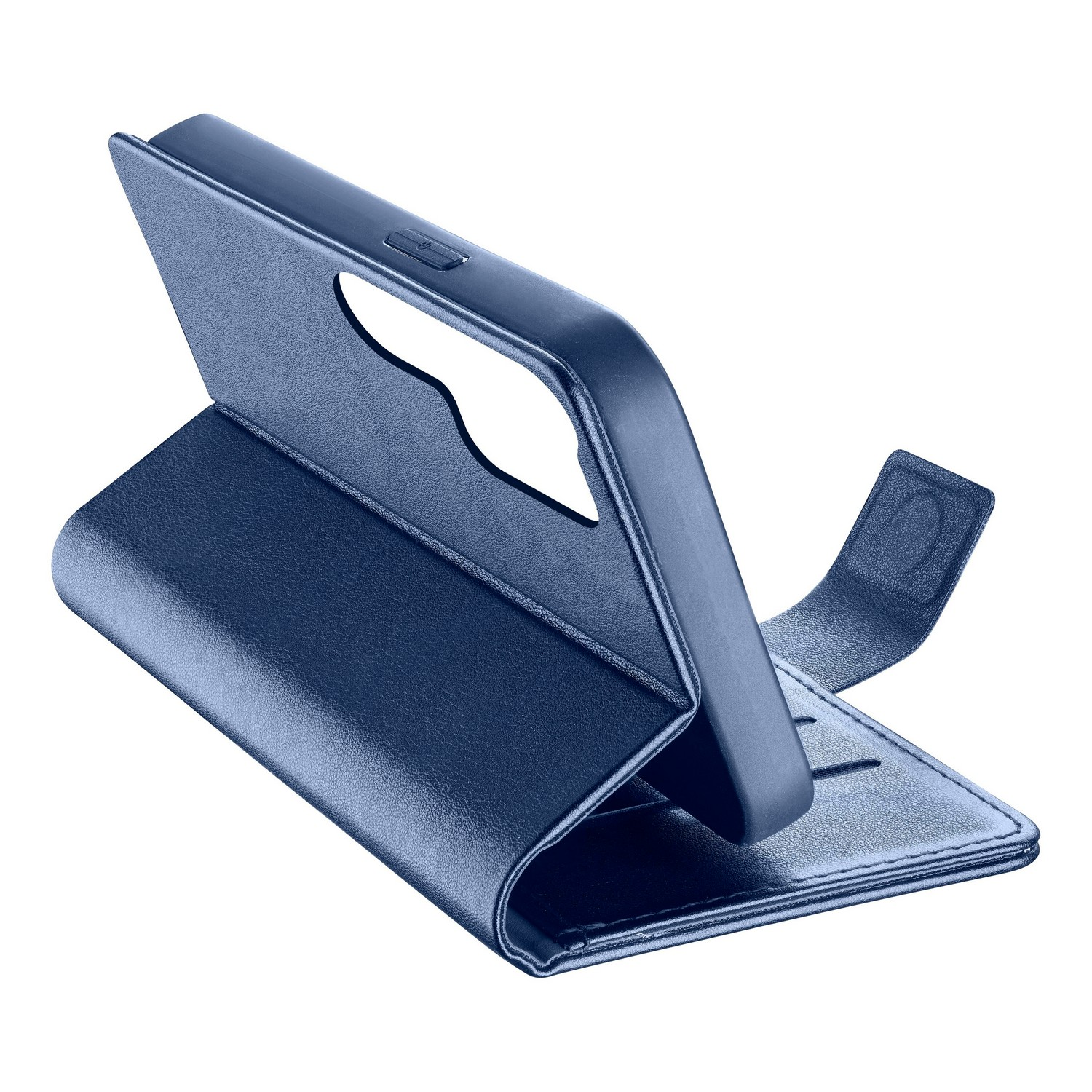 Un étui de téléphone bleu, ouvert pour révéler le compartiment du téléphone. L'étui est en cuir et le fond est blanc.