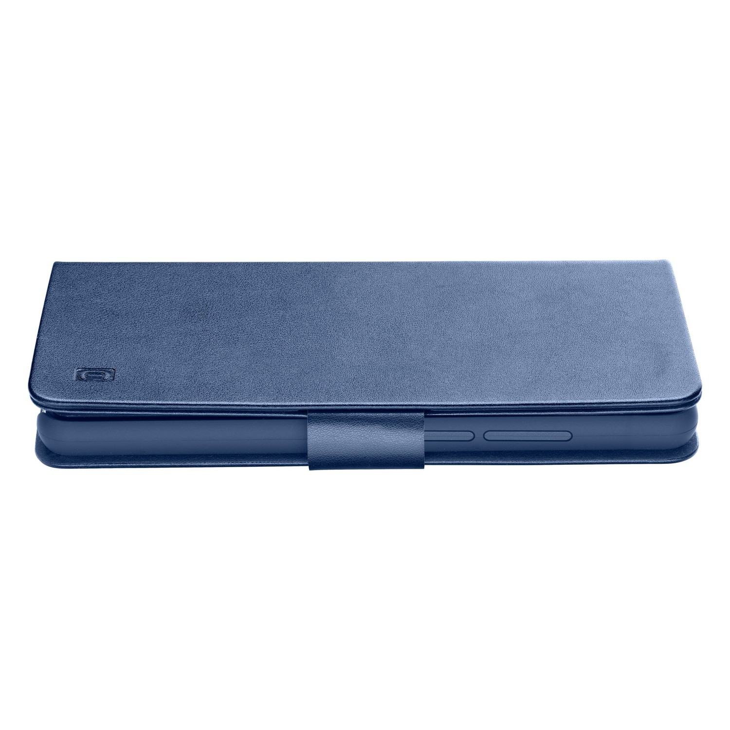 Un étui de téléphone bleu fermé sur fond blanc avec le logo de la marque visible.