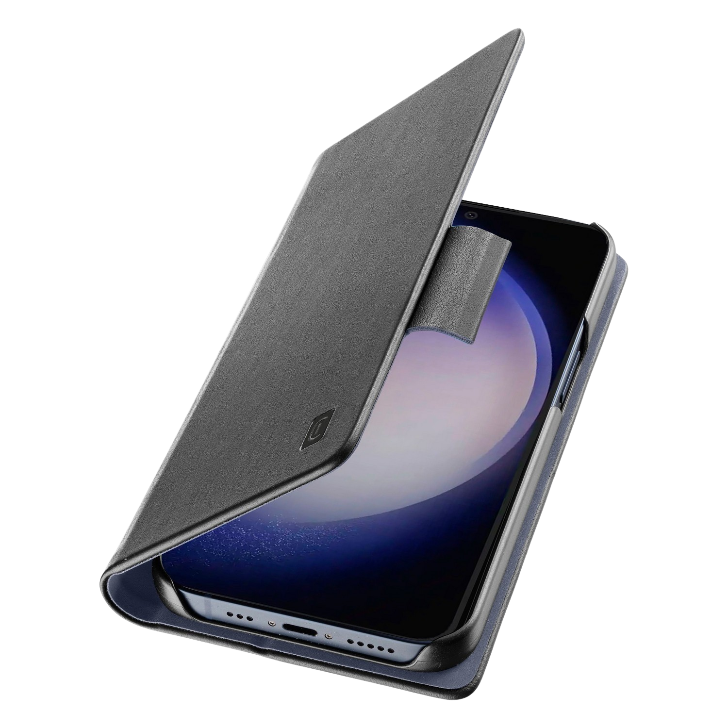 Téléphone avec un étui noir, le couvercle est ouvert. L'écran est visible.
