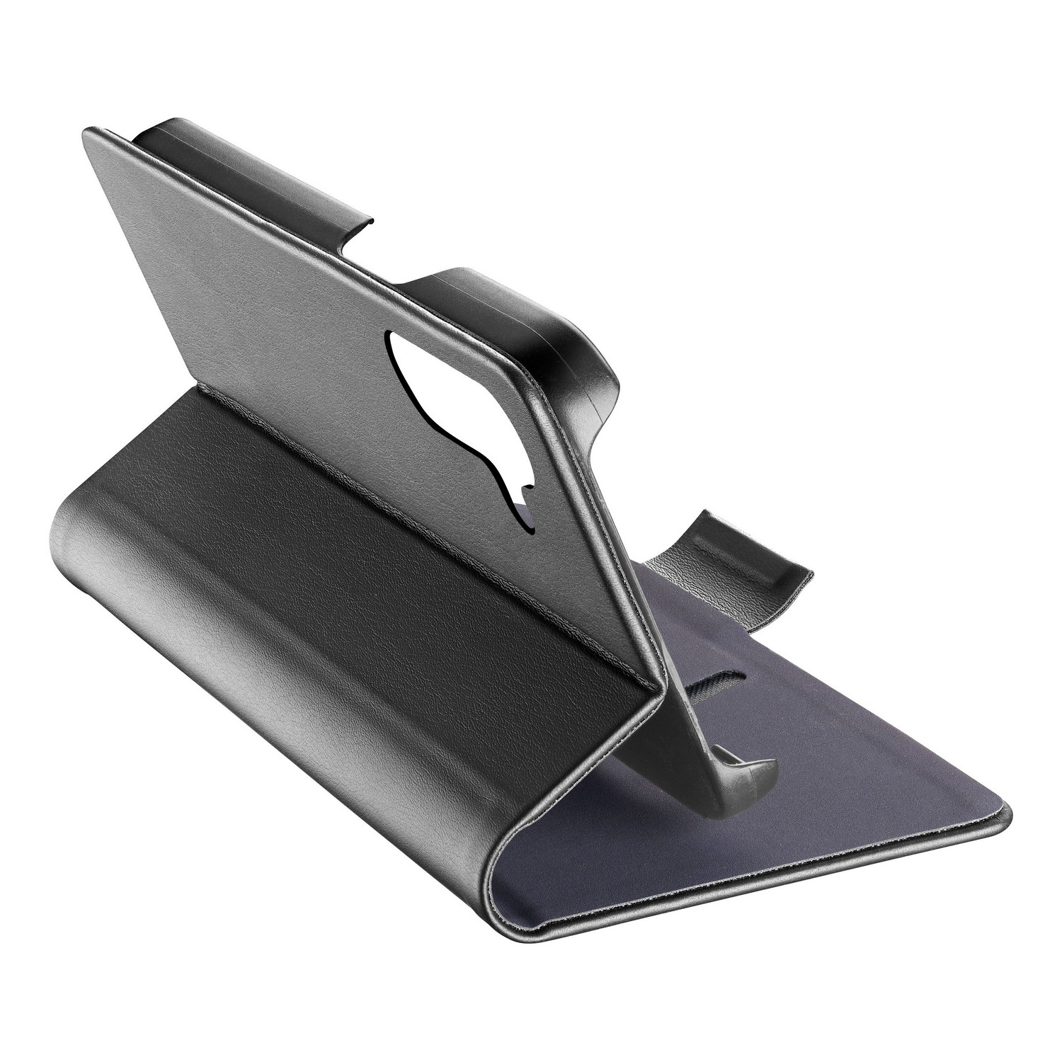 Étui de téléphone en cuir noir, ouvert, avec découpe en forme de téléphone.
