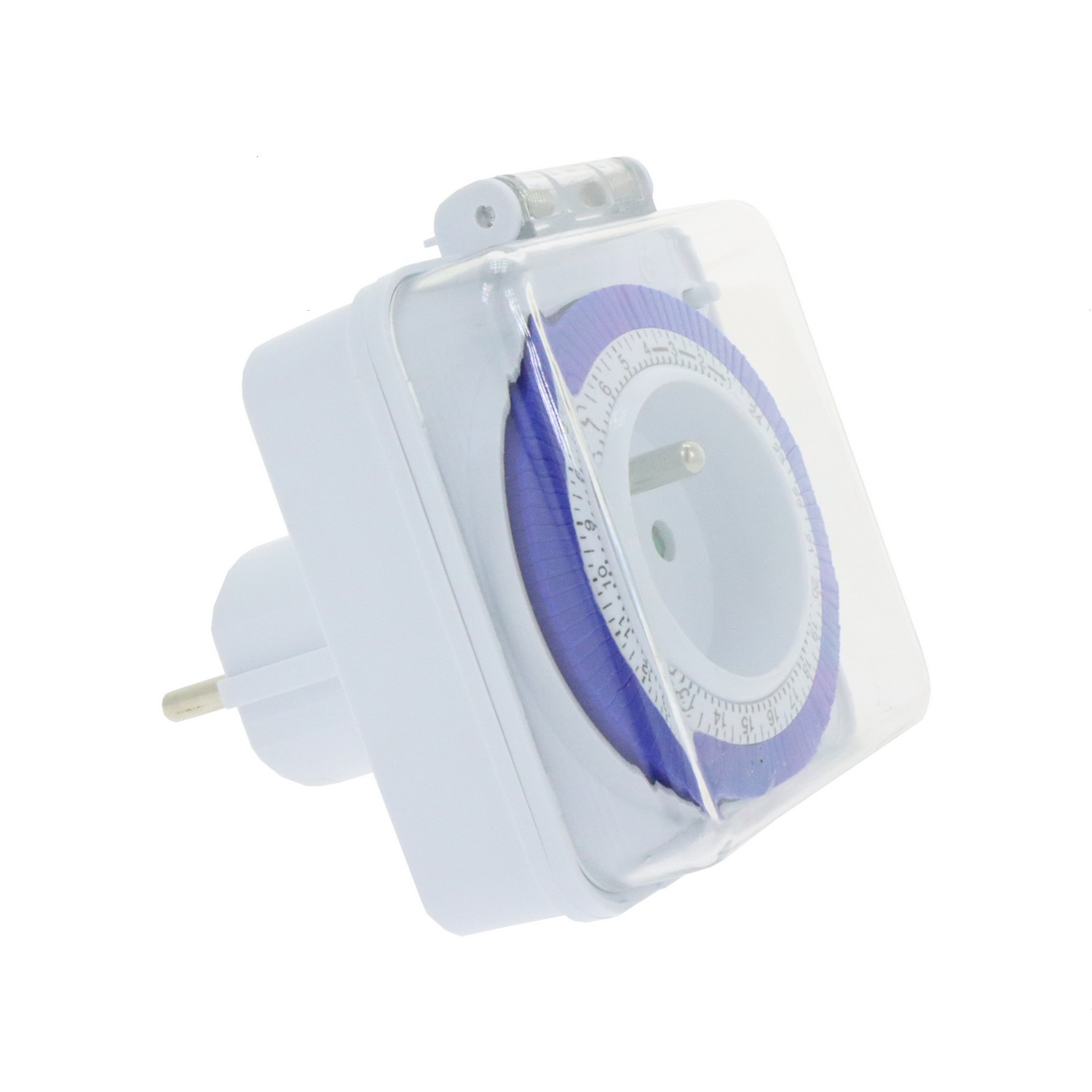 Witte timer met een paarse draaiknop en een doorzichtige beschermhoes.