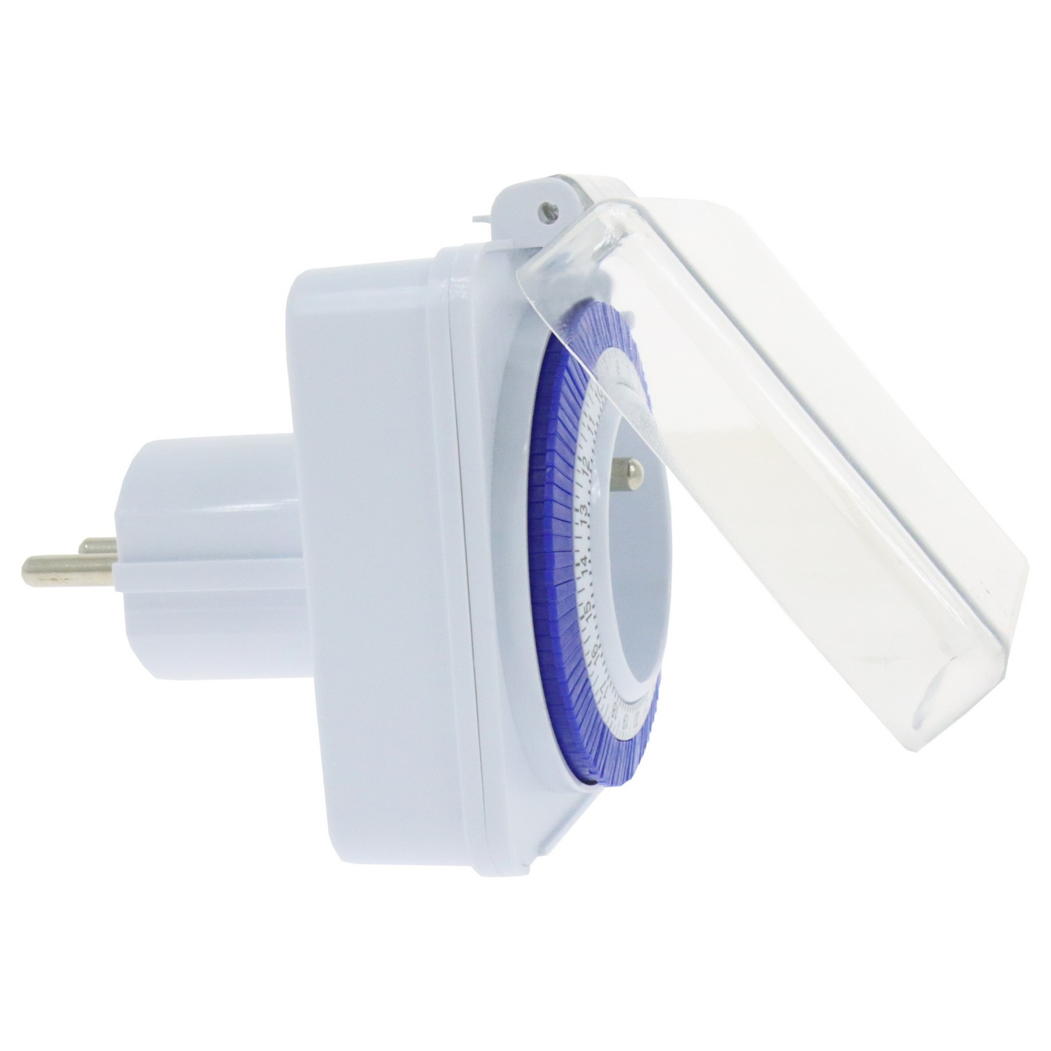 Witte en blauwe elektrische timer met open, transparante afdekking, close-up.