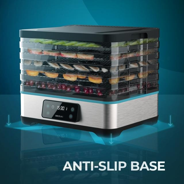 Deshidratador de alimentos con múltiples bandejas, mostrando tiempo y temperatura.