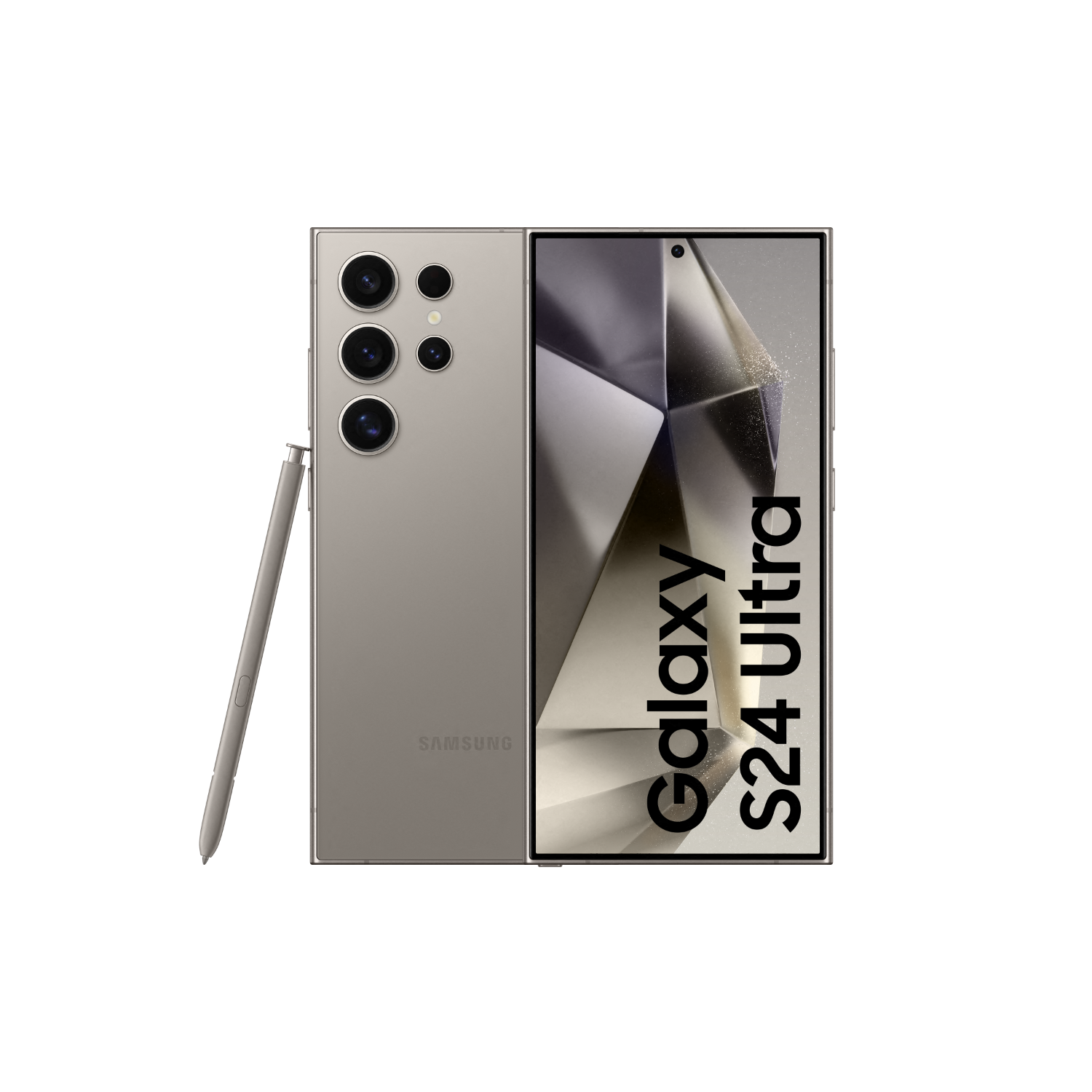 Een beige Samsung Galaxy S24 Ultra telefoon met een stylus pen. De telefoon heeft meerdere camera's en een groot scherm.
