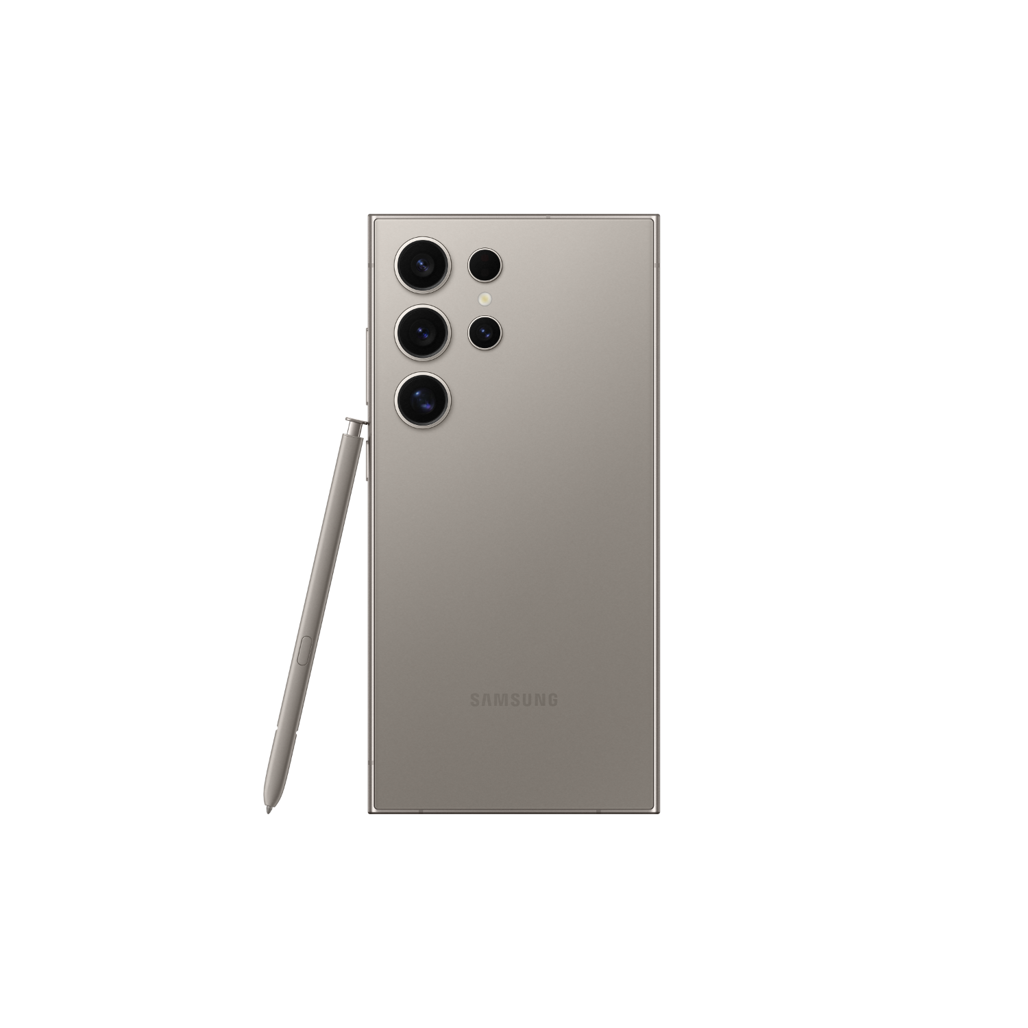 Achterkant van smartphone met meerdere camera's en stylus, op zwarte achtergrond.