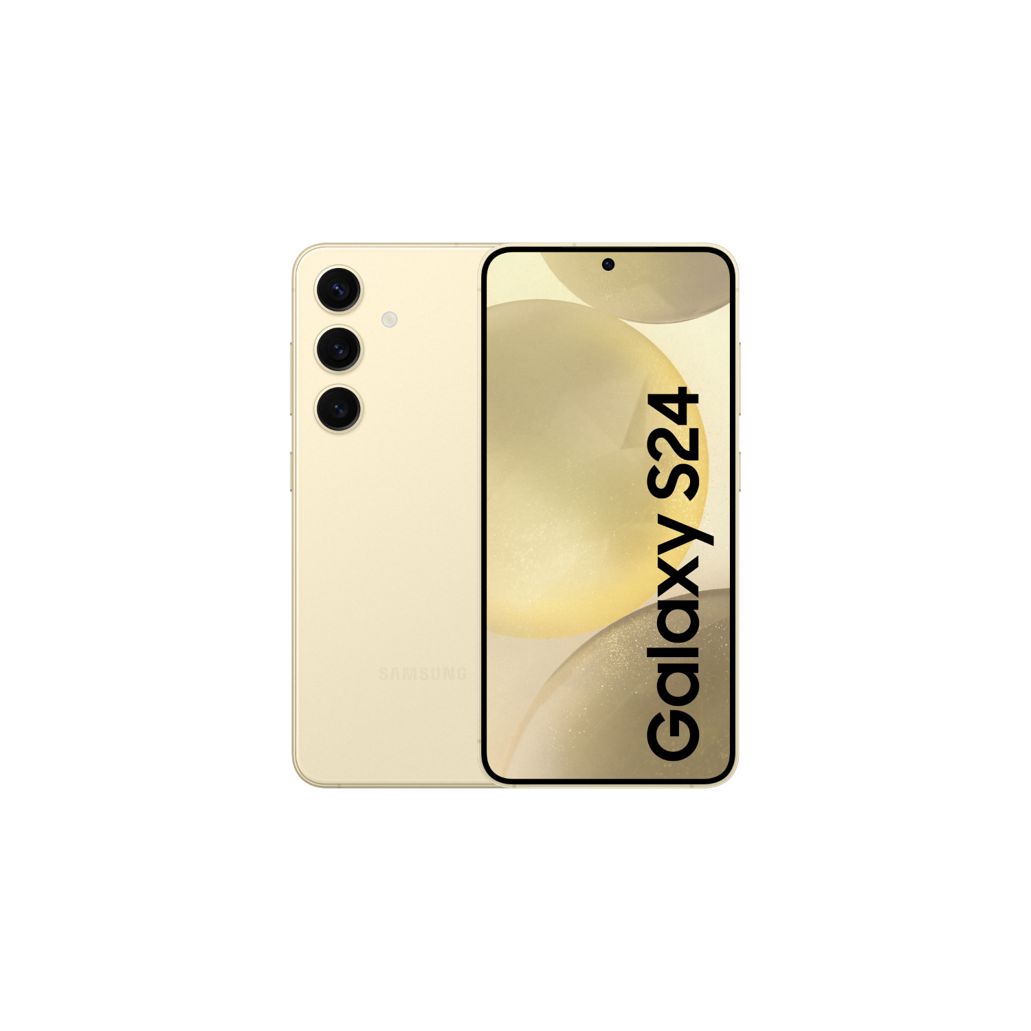 Gouden Samsung Galaxy S24 telefoon op zwarte achtergrond, achter- en voorkant zichtbaar, met tekst 'Galaxy S24'.