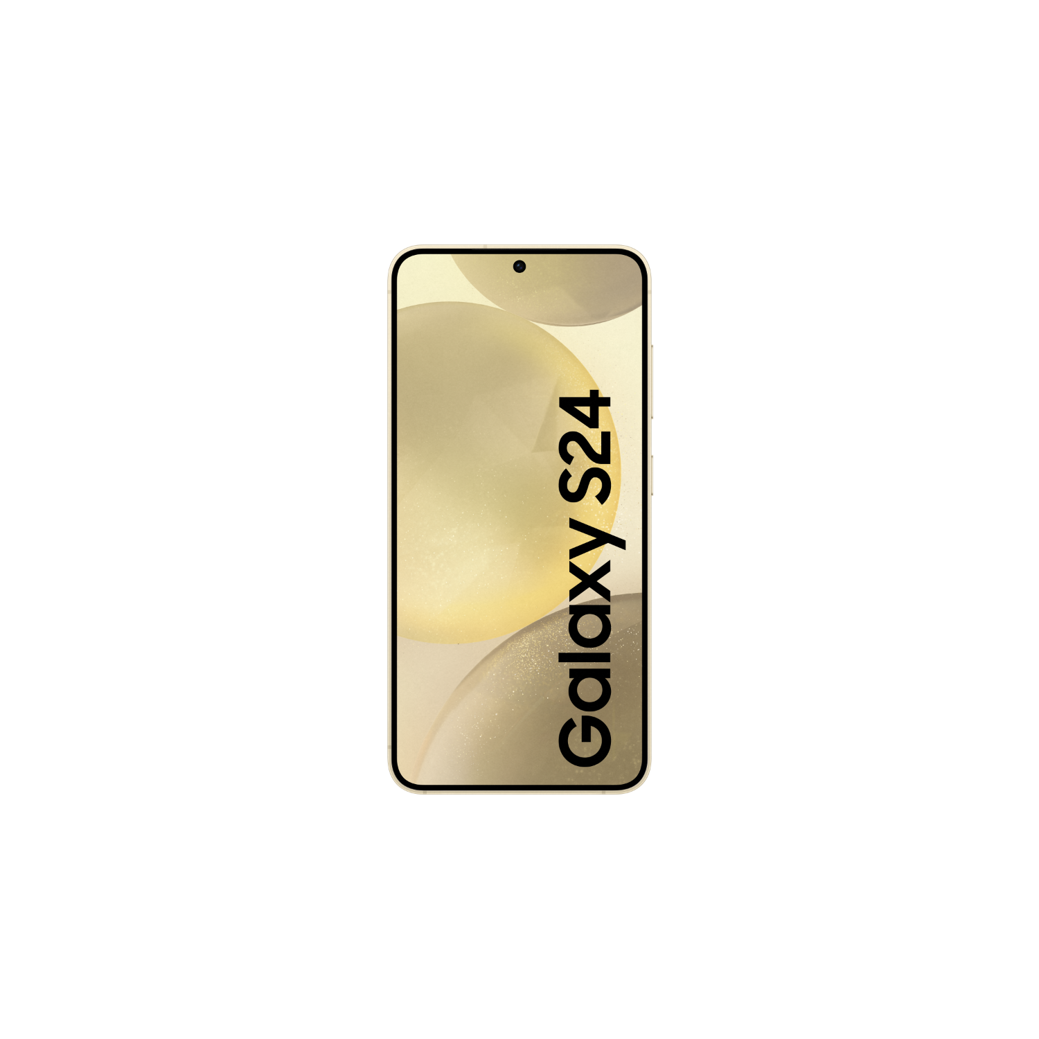 Galaxy S24 telefoon, toont het scherm met een gouden verloop, op een zwarte achtergrond.