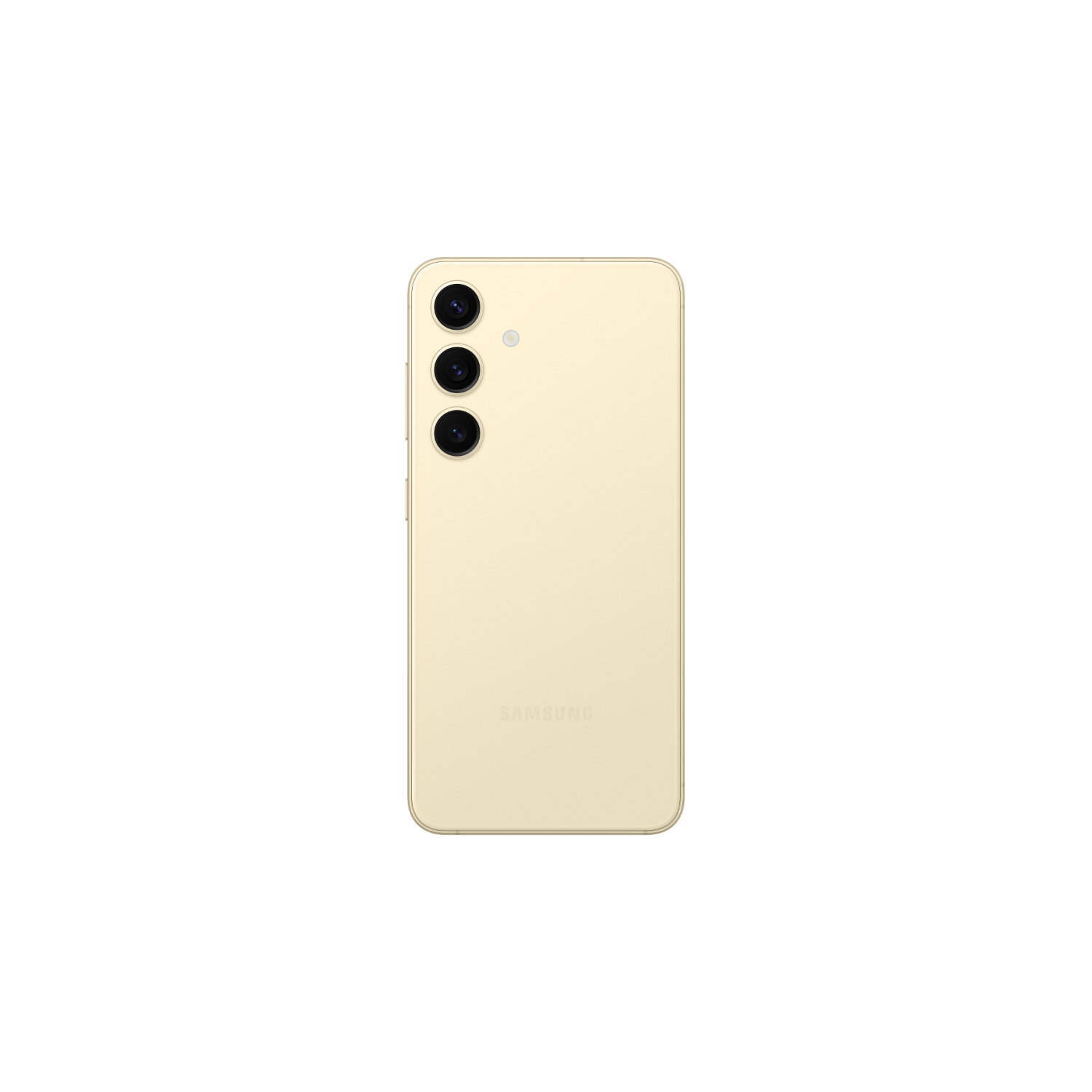 Gouden telefoon achterkant met drie cameralenzen en een Samsung logo, tegen een zwarte achtergrond.