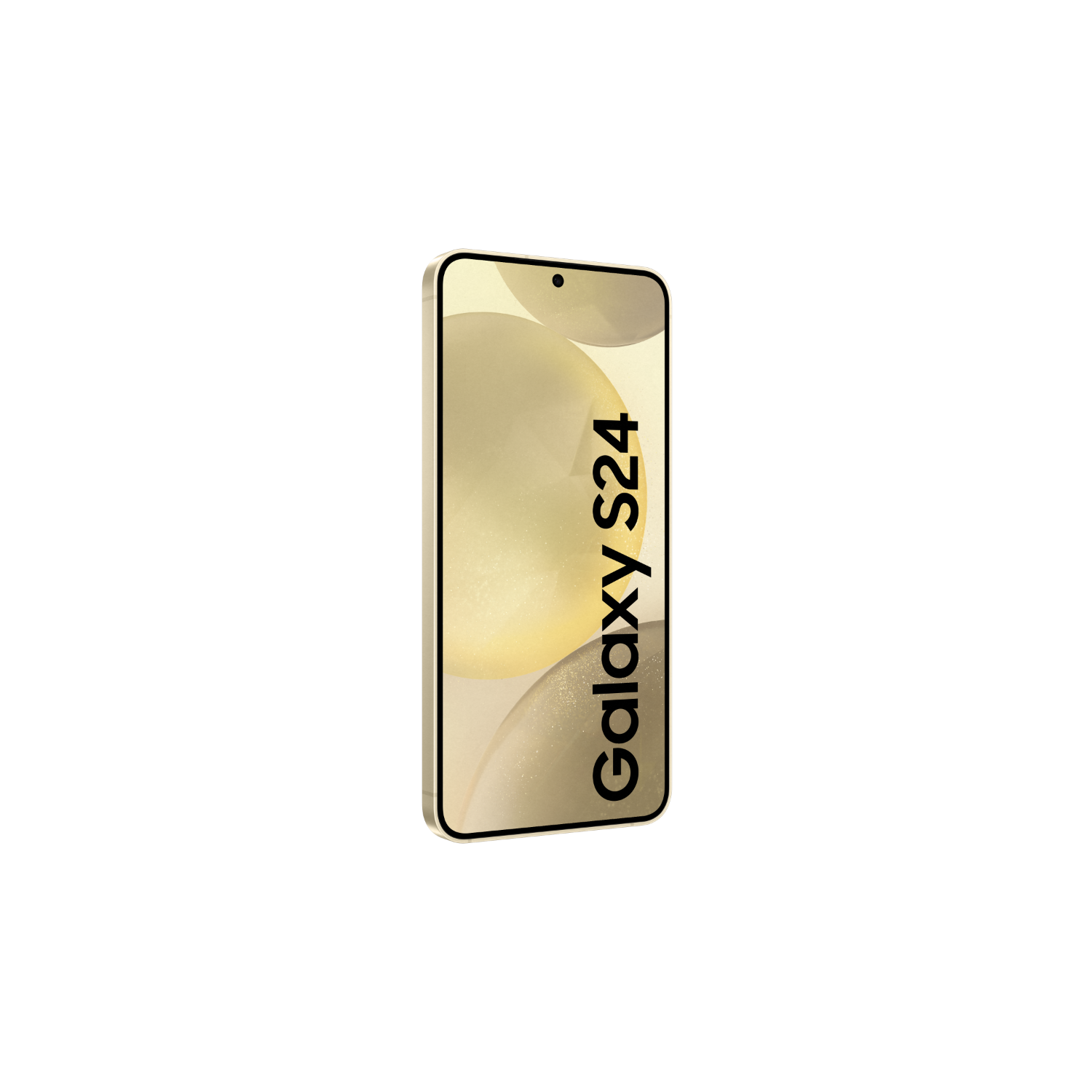 Gouden telefoon op zwarte achtergrond. Scherm toont 'Galaxy S24'.