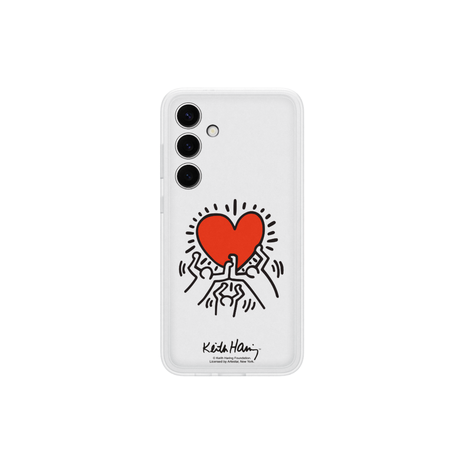 Witte telefoonhoes met een Keith Haring hart ontwerp. Zwarte omtrek en handtekening.