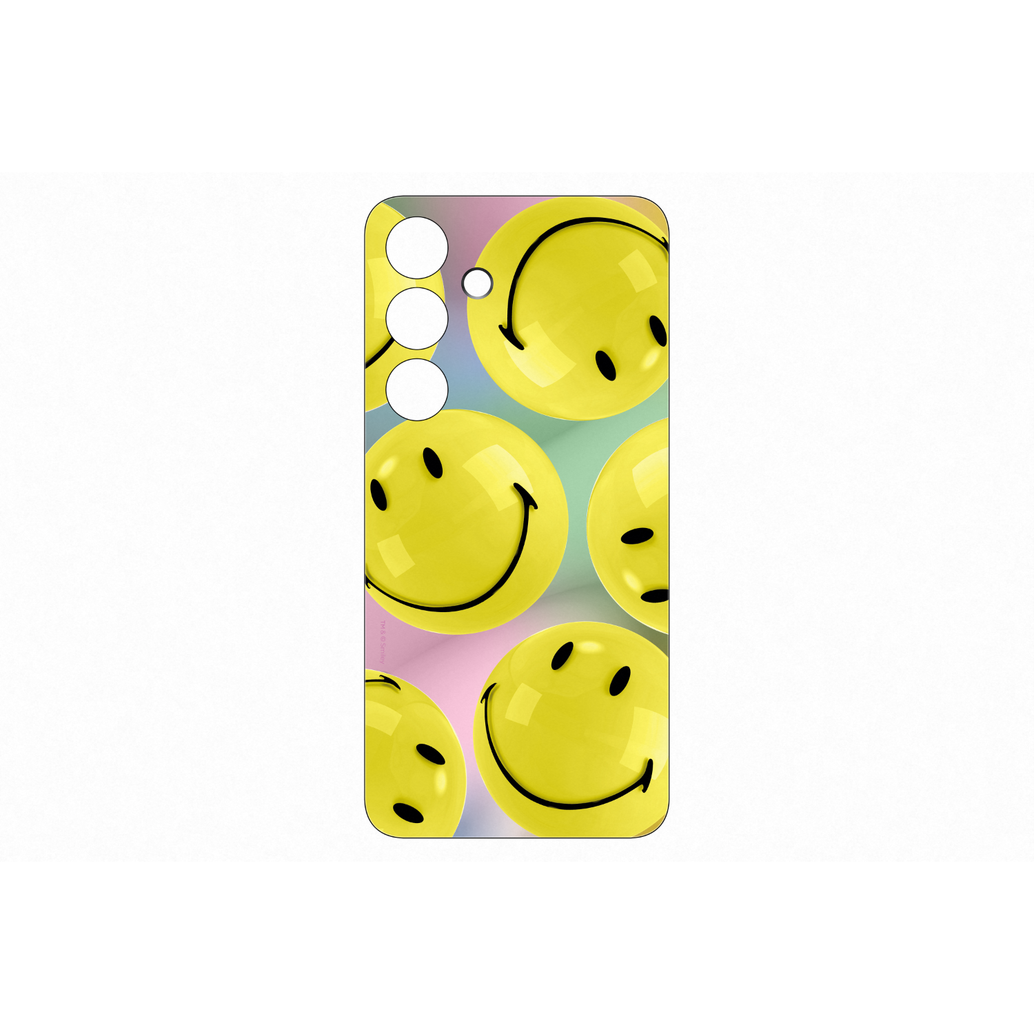A phone case covered in yellow smiley faces on a colorful background.