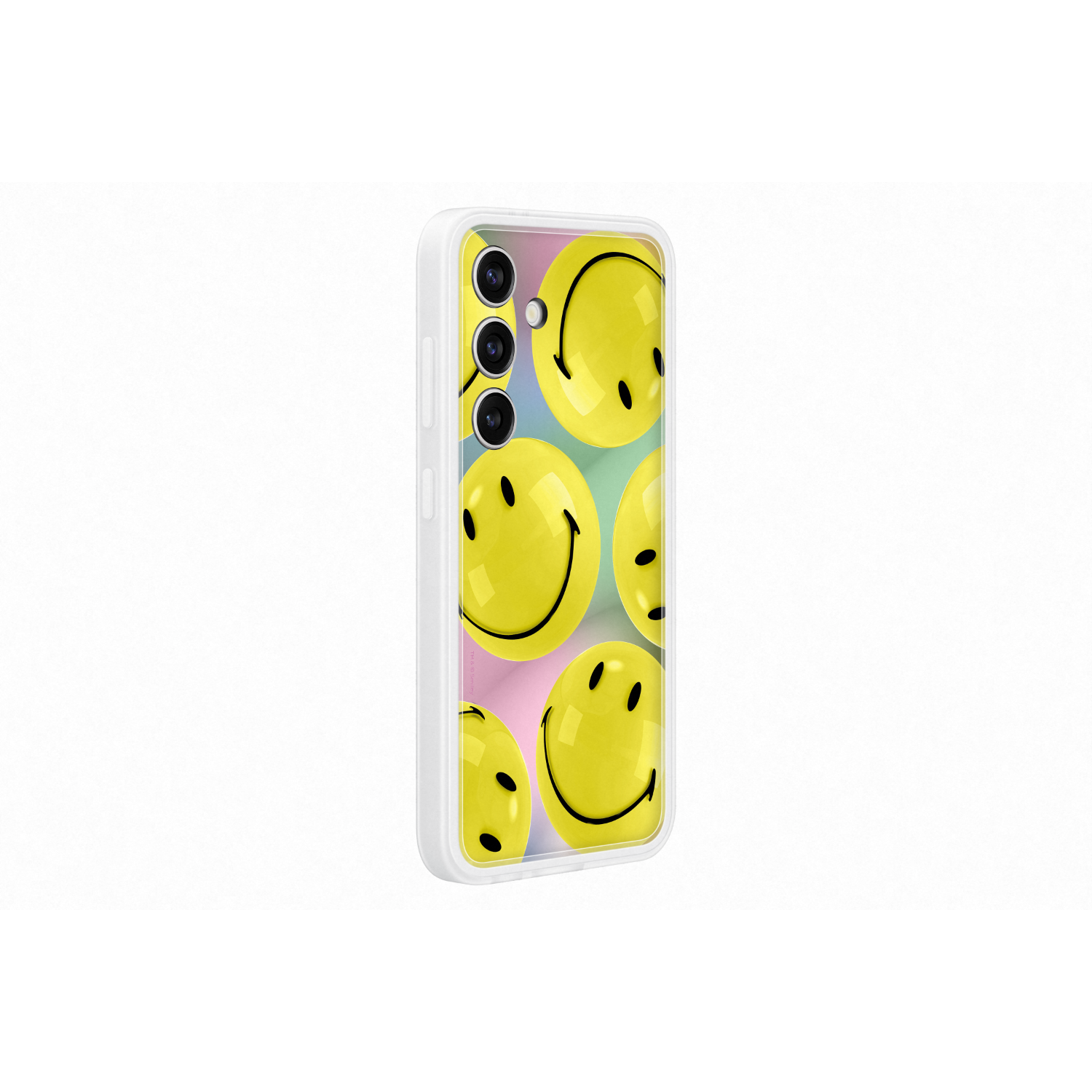 Phone case with yellow smiley faces on a colorful background.