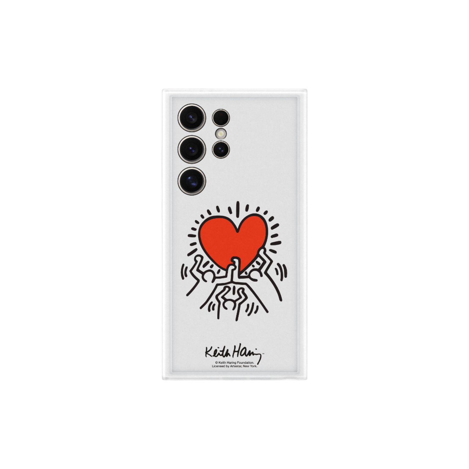 Telefoonhoesje met rood hartontwerp en Keith Haring handtekening.