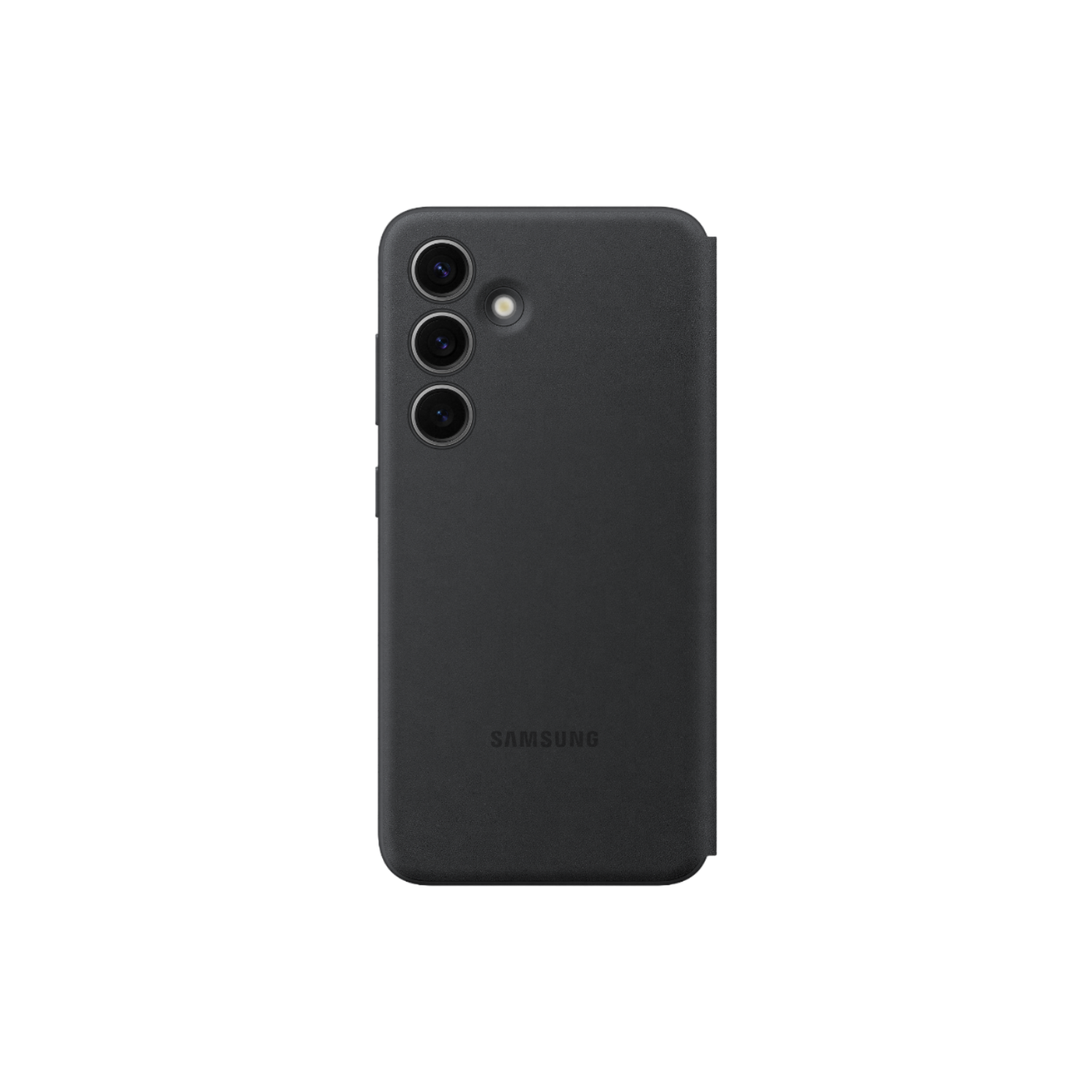 Zwarte telefoonhoes met camera-uitsparingen. De achterkant van een telefoon. Zwarte achtergrond.