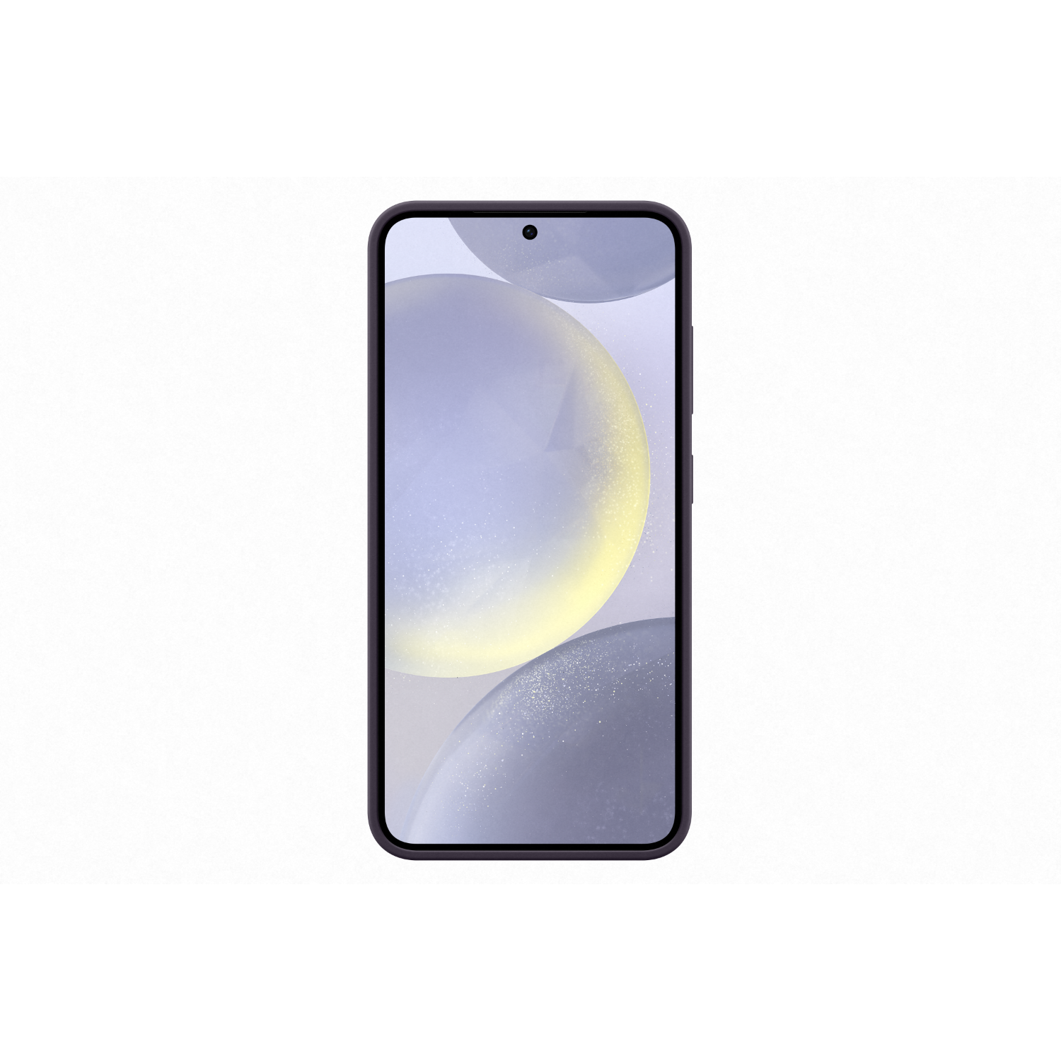 Een zwarte smartphone met een display met een vage, kleurrijke patroon, tegen een witte achtergrond.