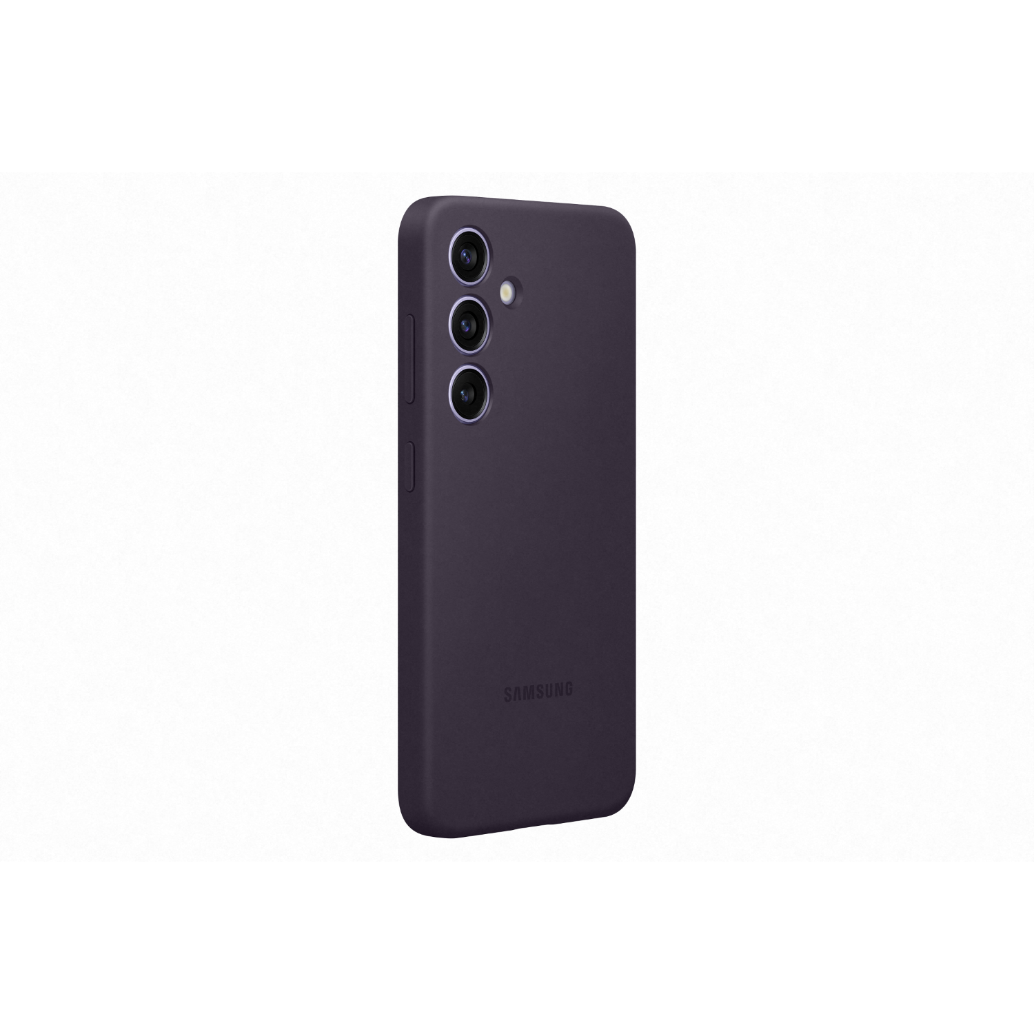 Paarse telefoonhoes met een Samsung-logo. Drie cameralenzen zijn zichtbaar aan de bovenkant.