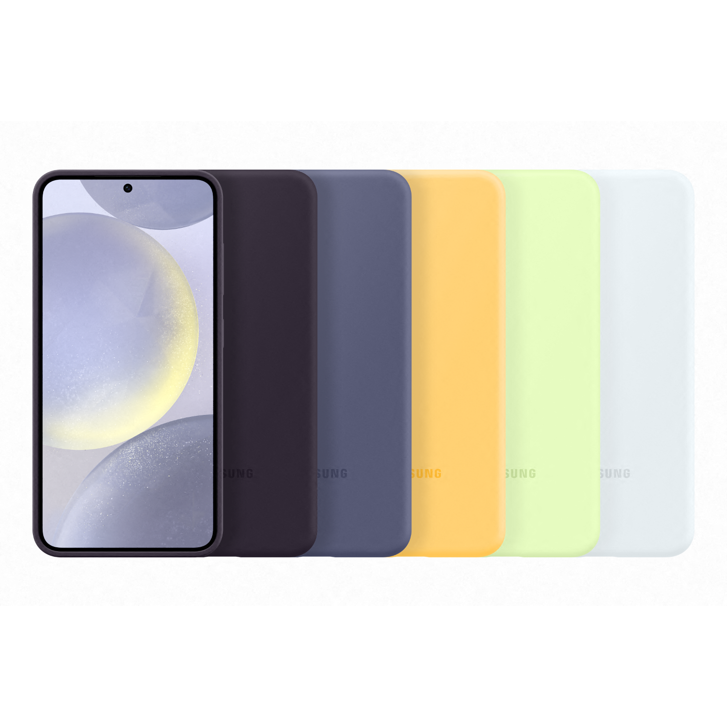 Telefoon met een scherm en een rij kleurrijke hoesjes. Hoesjes zijn paars, blauw, geel, groen en wit.