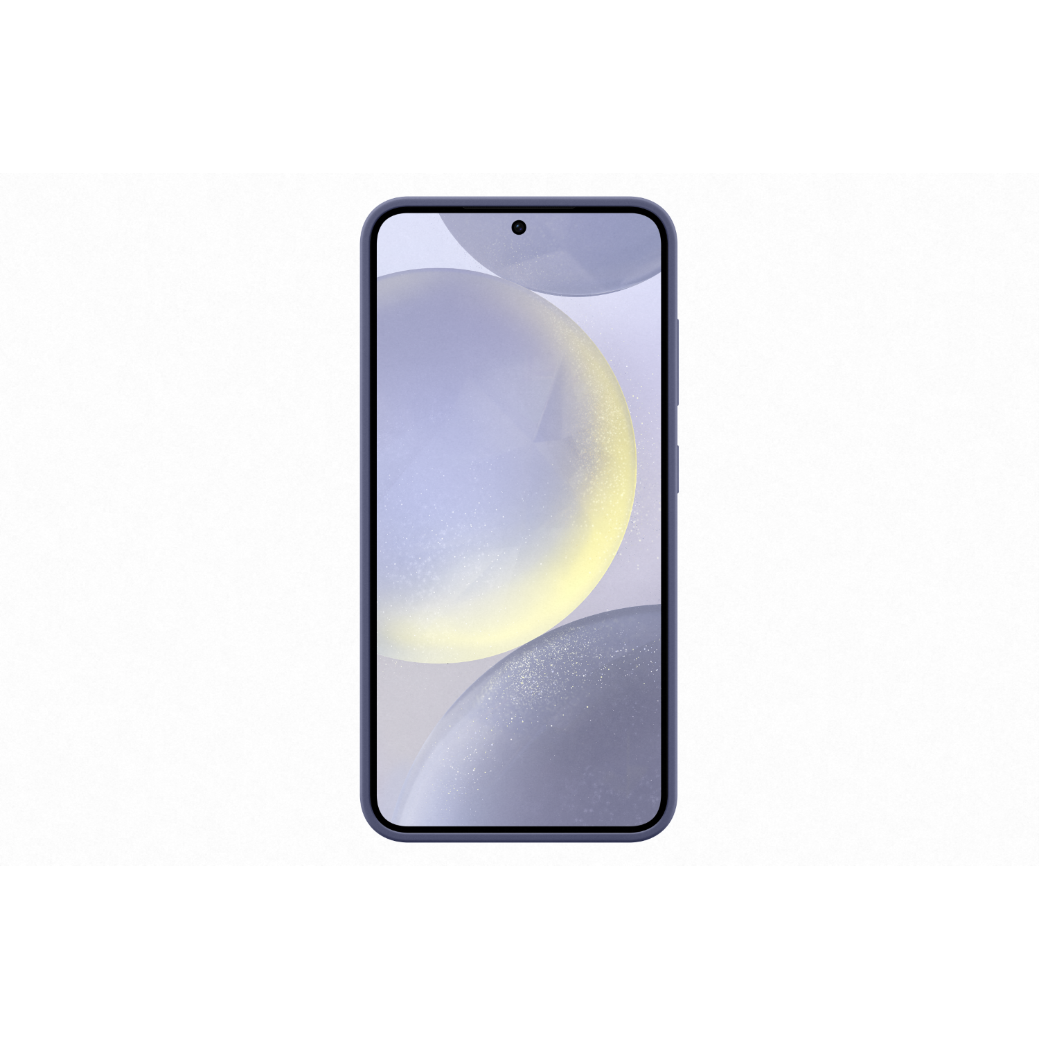 Blauwe telefoon met scherm dat abstracte beelden toont op witte achtergrond.