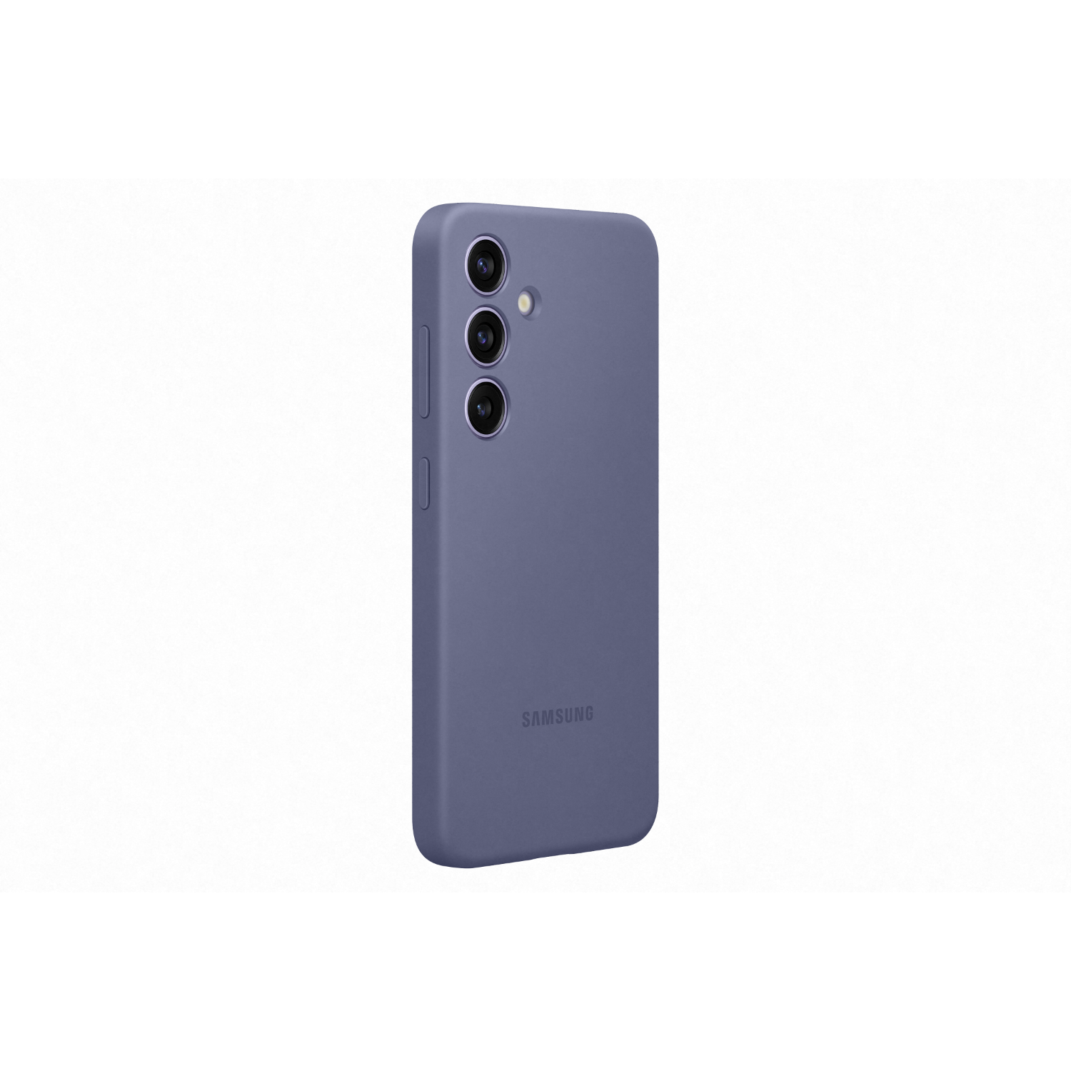 Een blauwe Samsung telefoonhoes. Het heeft drie camera's en het Samsung-logo. De achtergrond is wit.