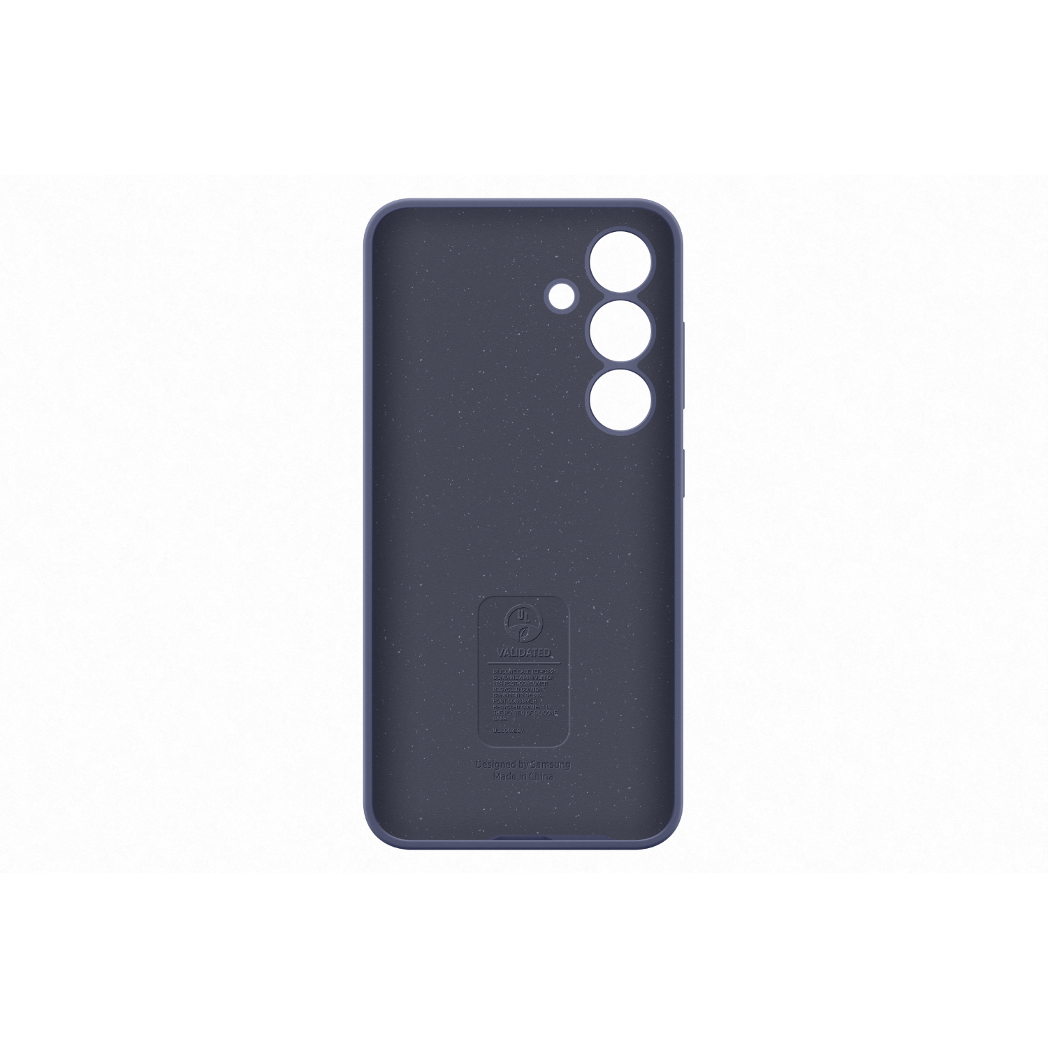 Donkerblauwe telefoonhoes binnen. Drie cameralenzen en een merklabel binnenin.