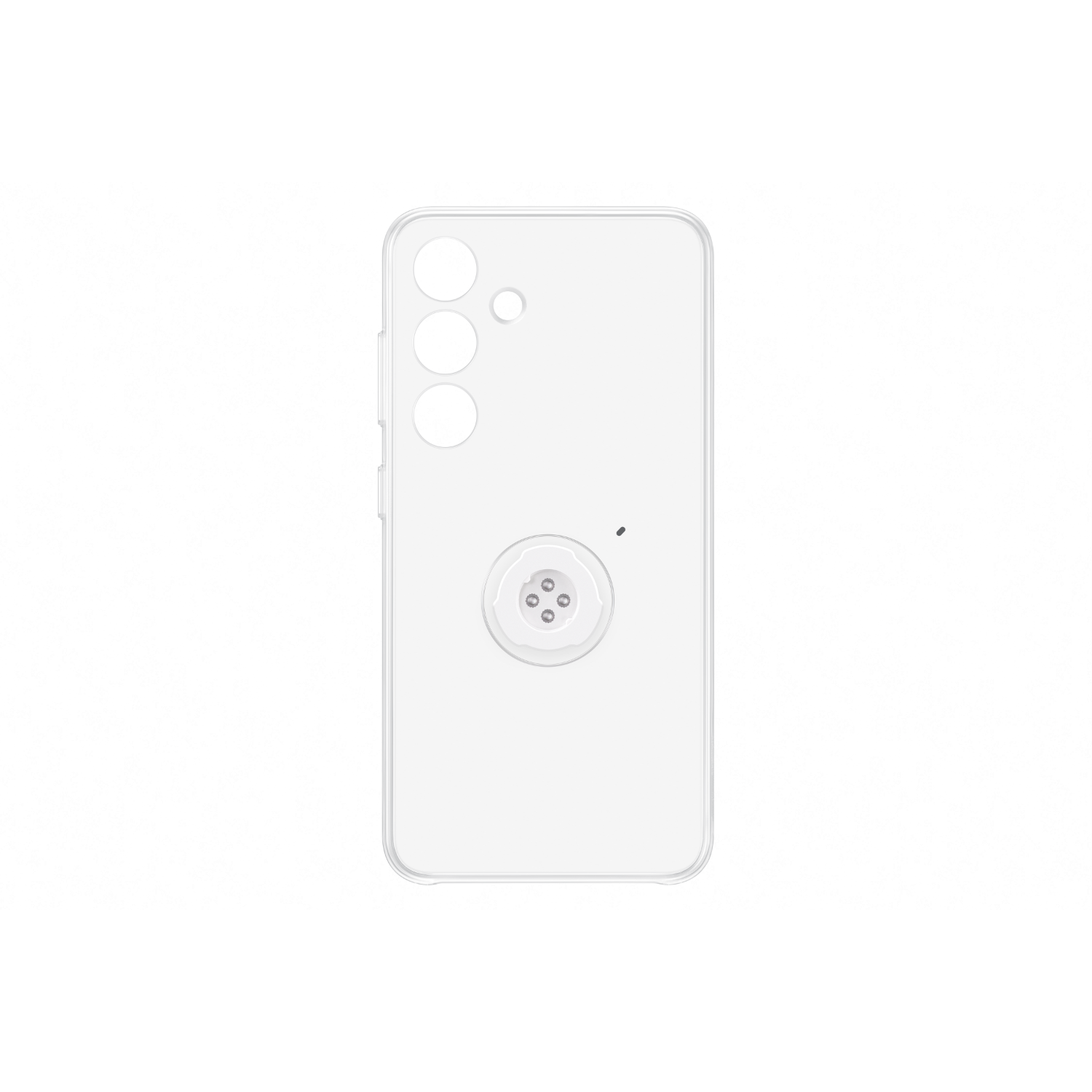 Clear phone case with a circular attachment. White background.