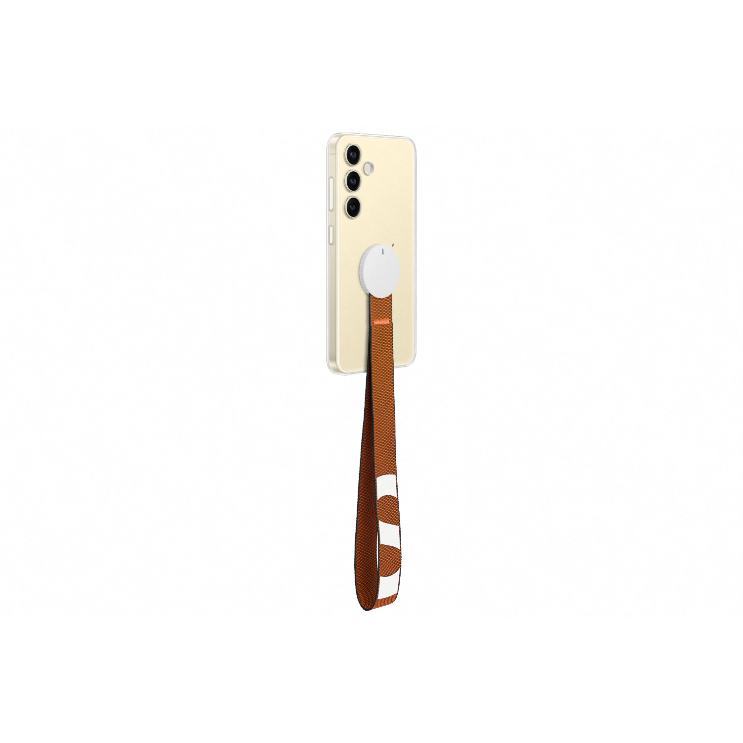 Phone with a strap and pop socket attached, held up. Brown and white strap.