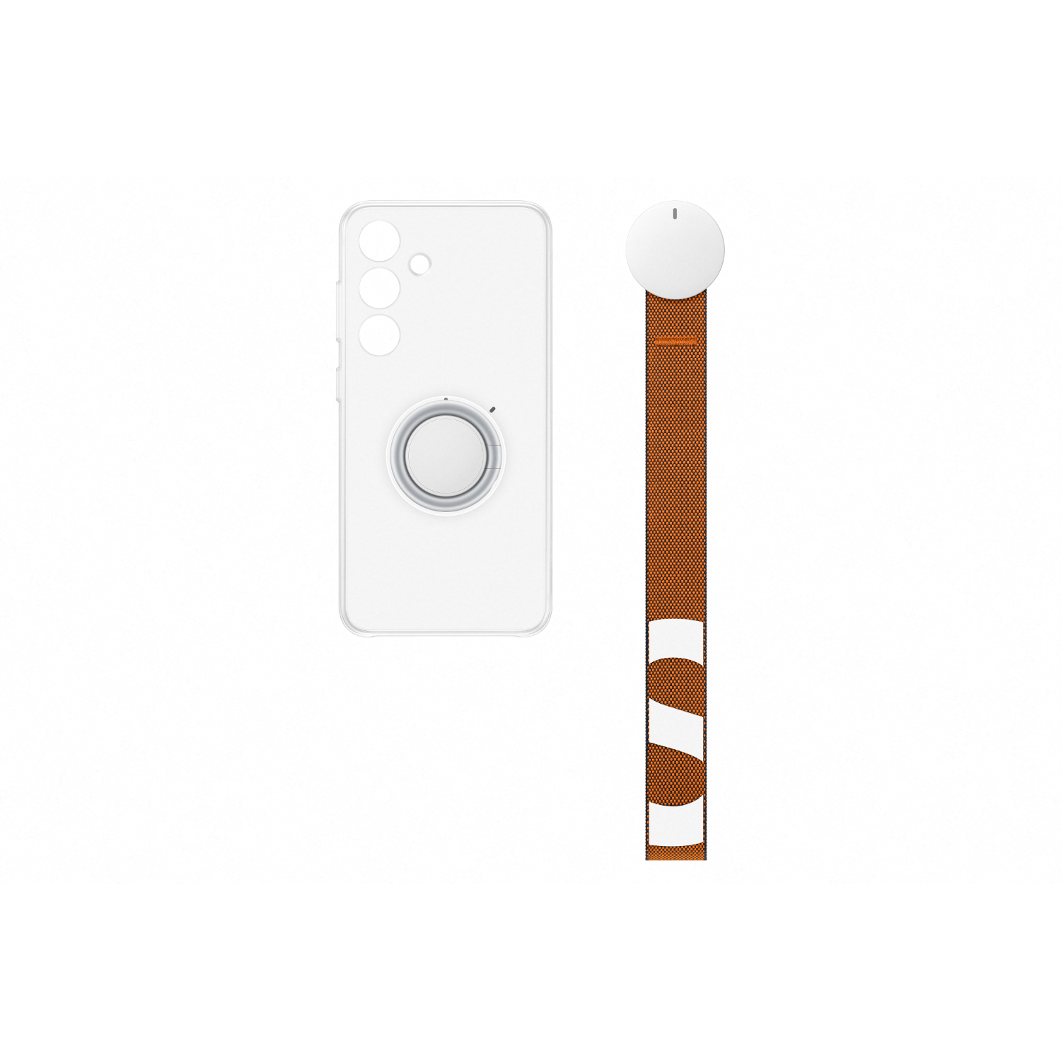 Accessories: Clear phone case with ring holder, and a strap with a logo.