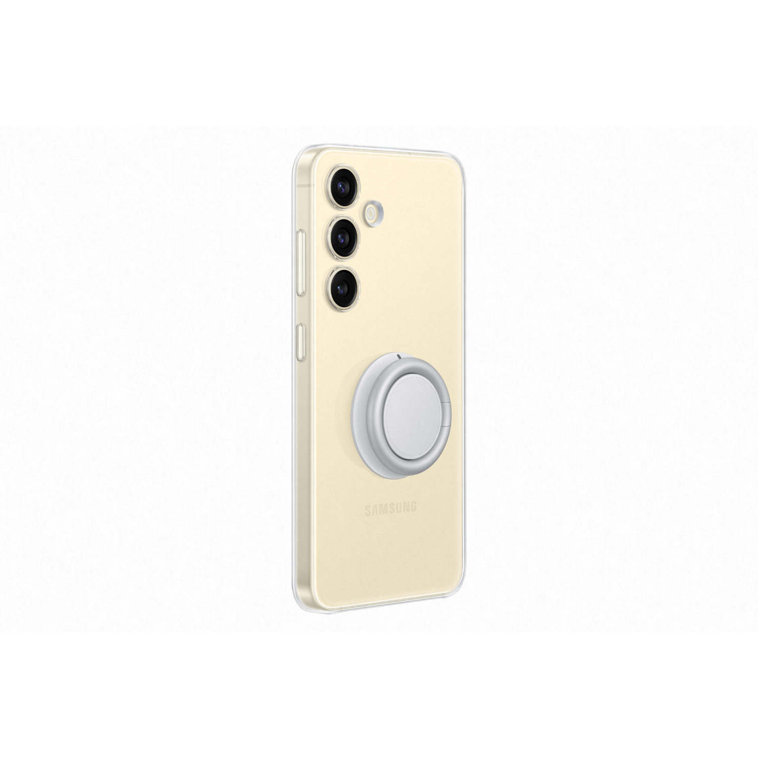 Yellow phone case with a ring holder on the back. The ring holder is silver and white.
