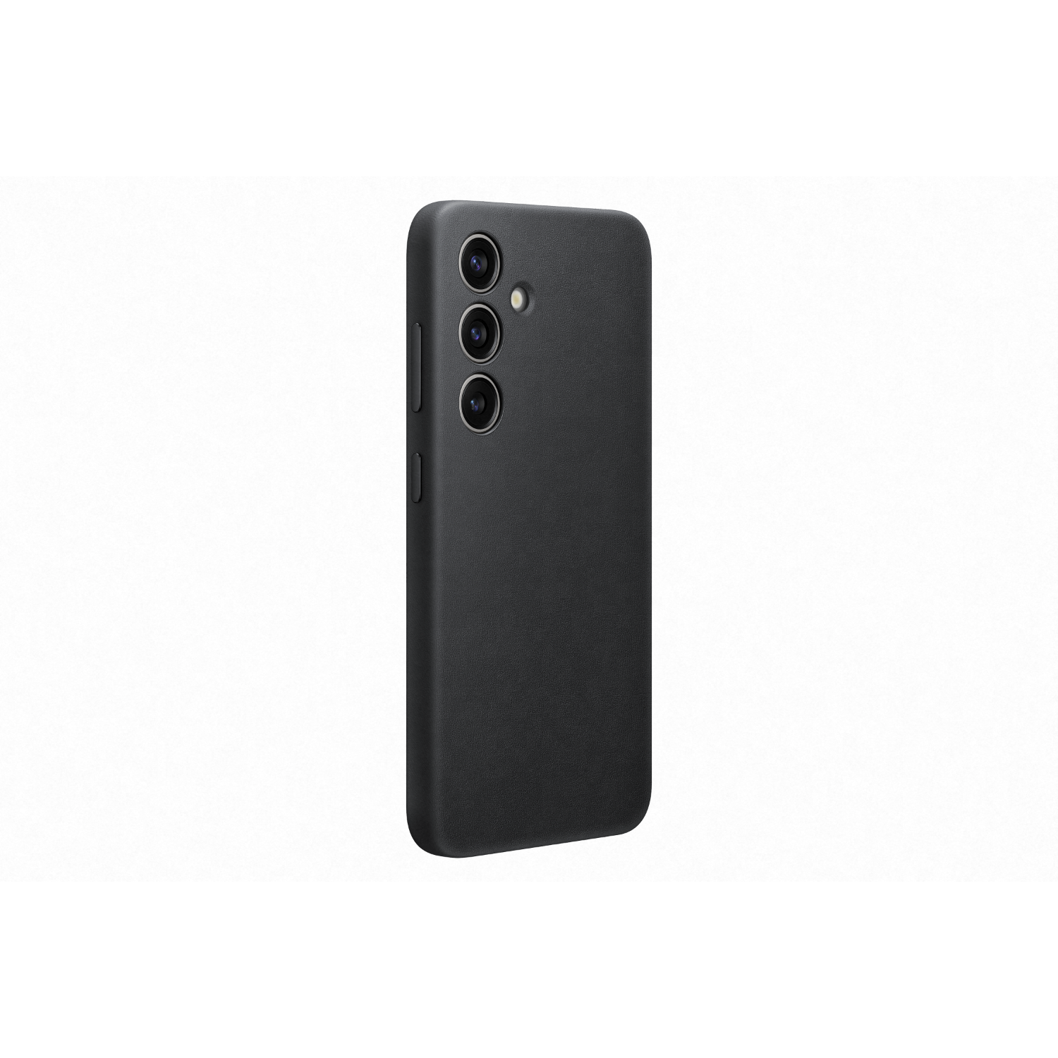 Zwarte smartphonehoes, zijaanzicht, met drie camera-uitsparingen en knoopuitsparingen.
