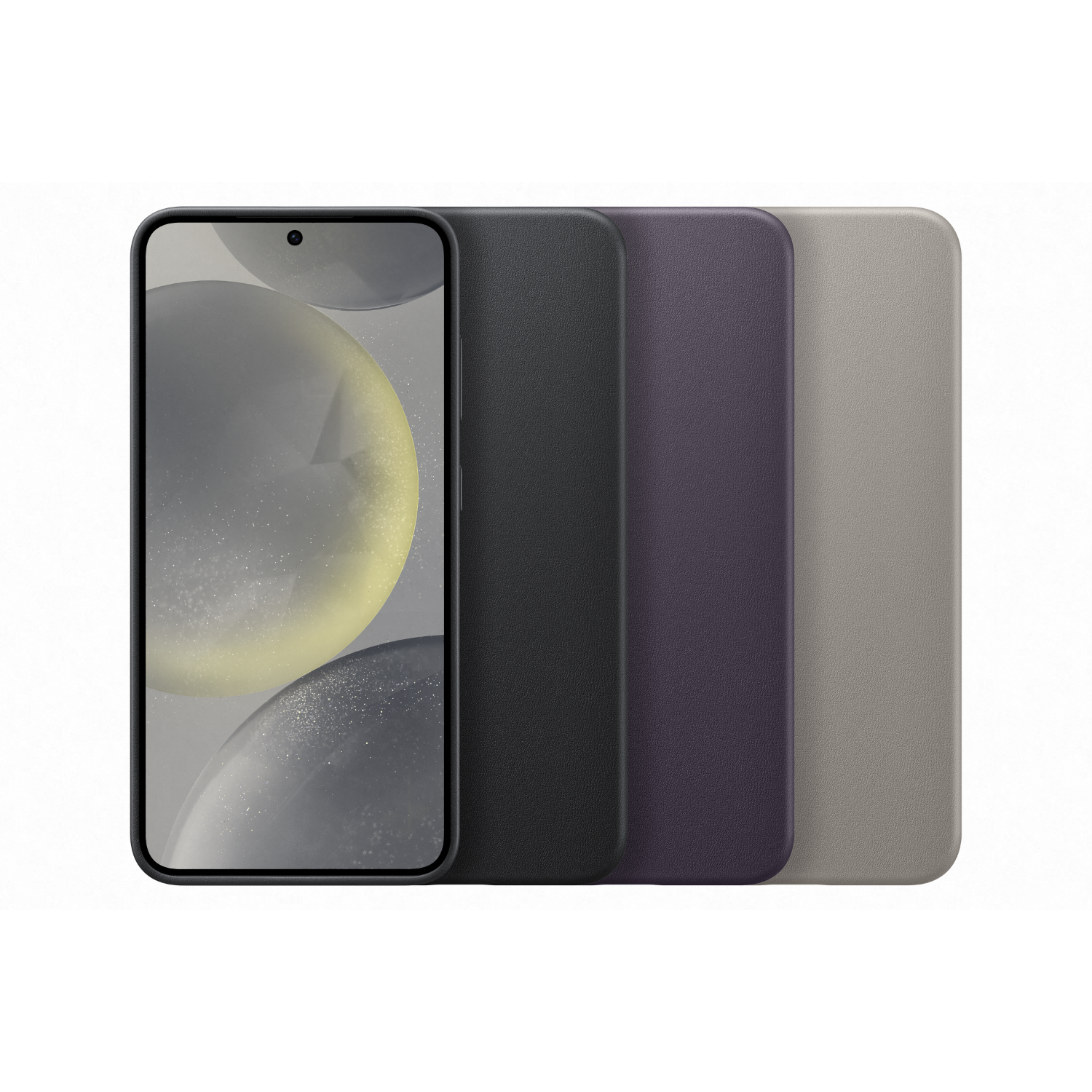 Smartphone met scherm links, drie telefoonhoesjes rechts.